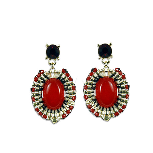 ORECCHINO PENDENTE CRISTALLI E PIETRA OVALE RED