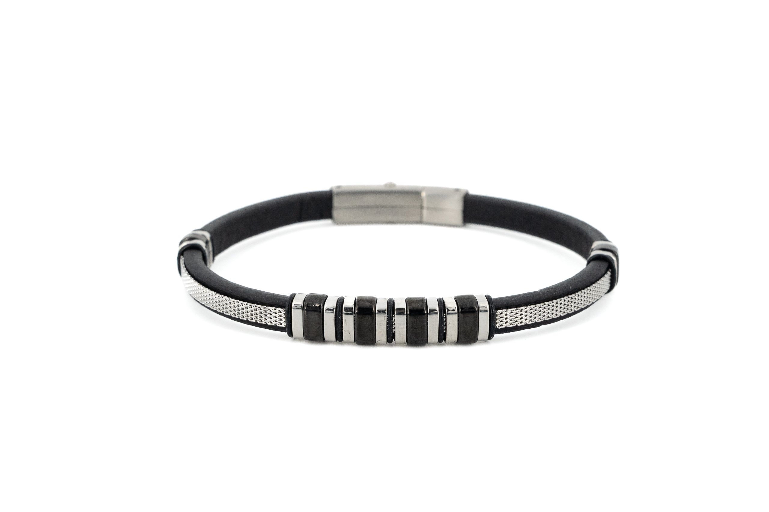 Bracciale uomo acciaio e cuoio fascia centrale