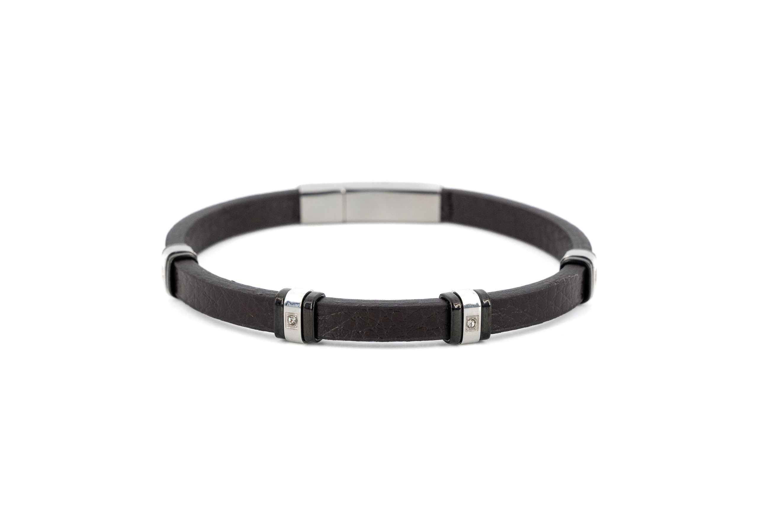 Bracciale uomo acciaio e cuoio quadretti cristallini