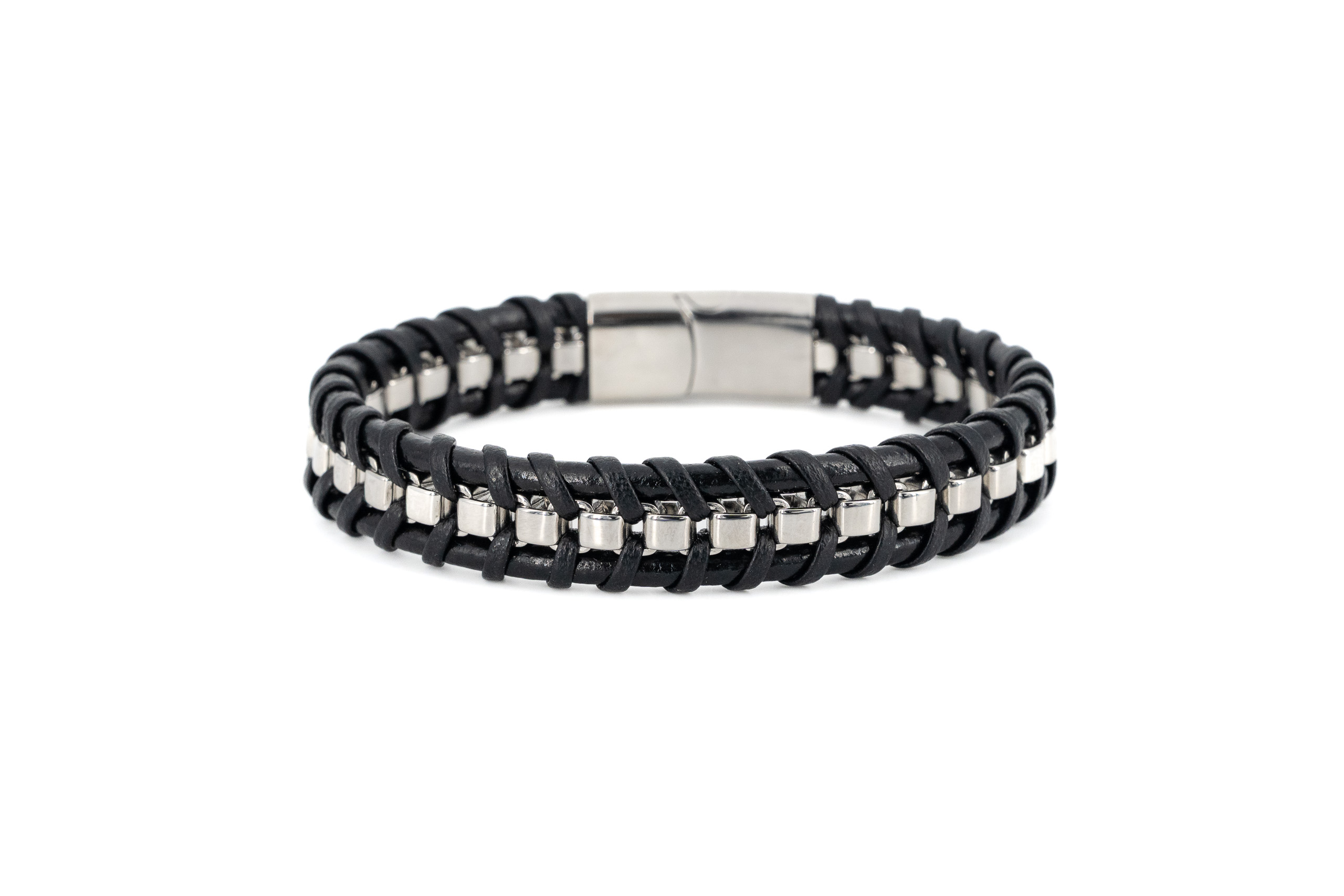 Bracciale uomo acciaio e cuoio catena centrale