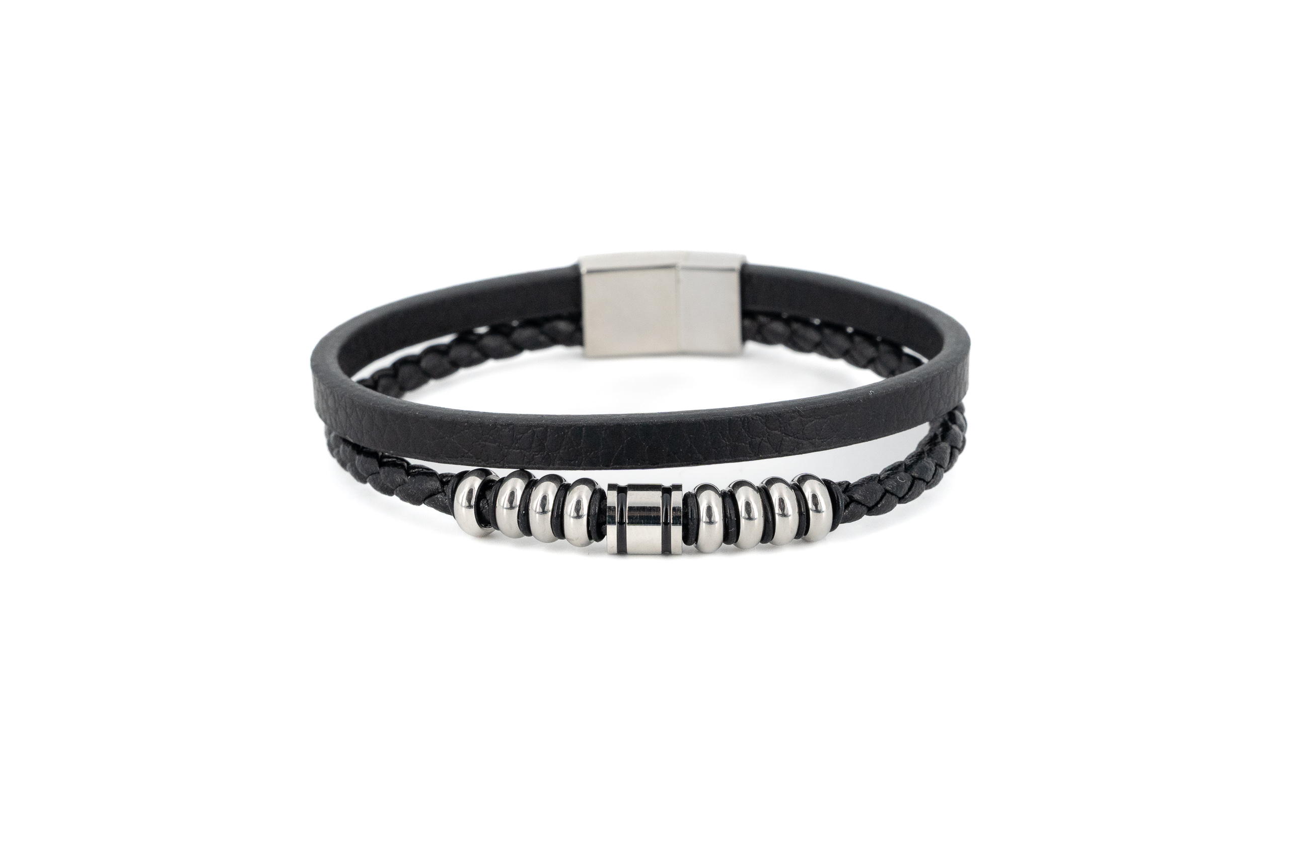 Bracciale uomo due fili acciaio e cuoio anellini centrali