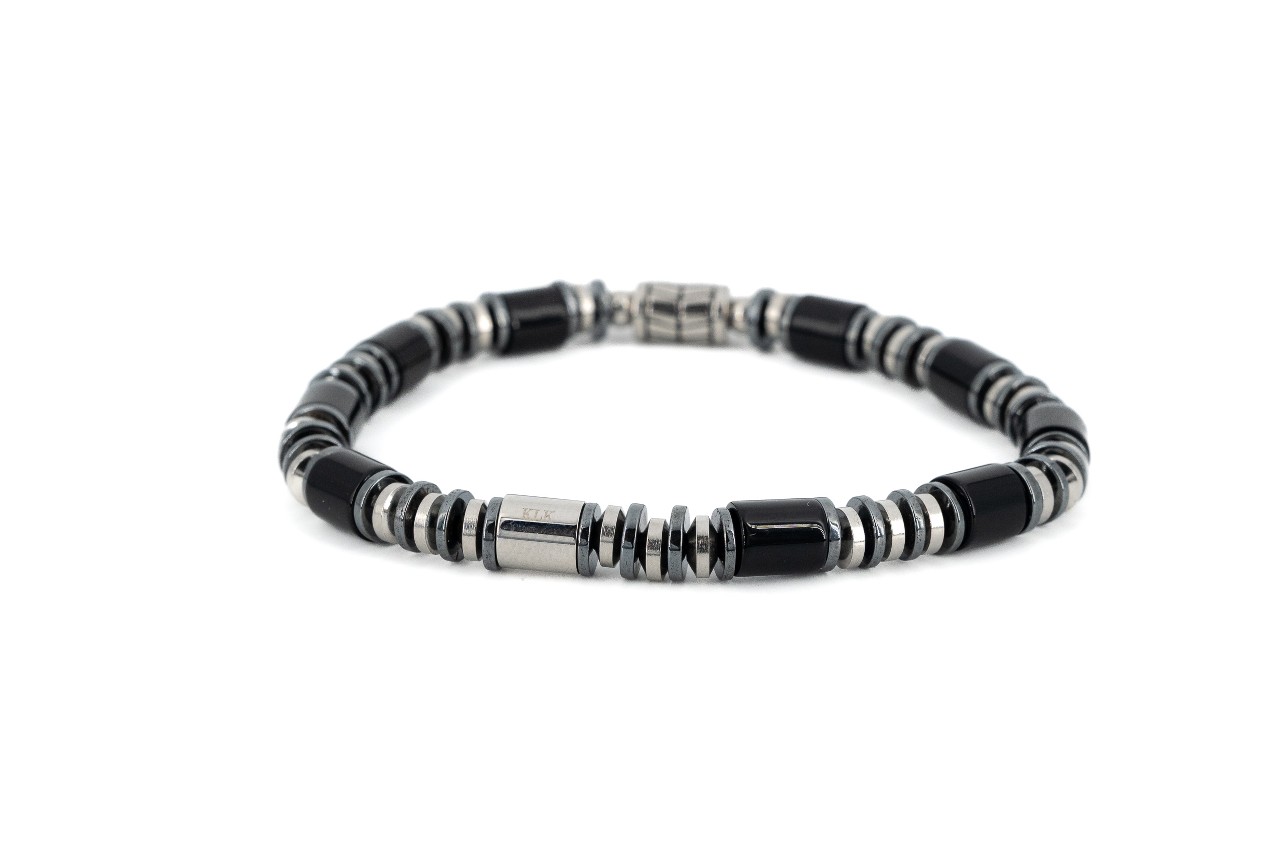 Bracciale uomo dischetti acciaio ed ematite e onice nero