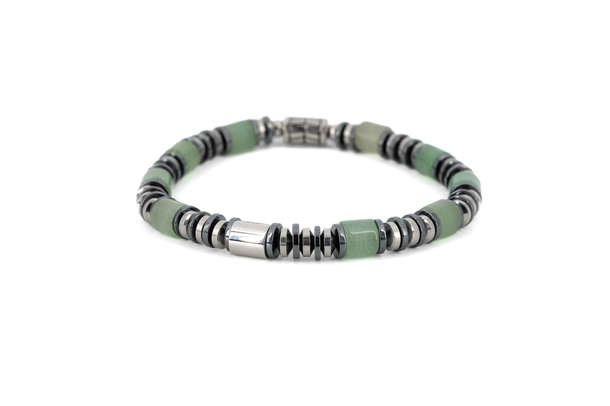 Bracciale uomo dischetti acciaio ed ematite con pietra verde