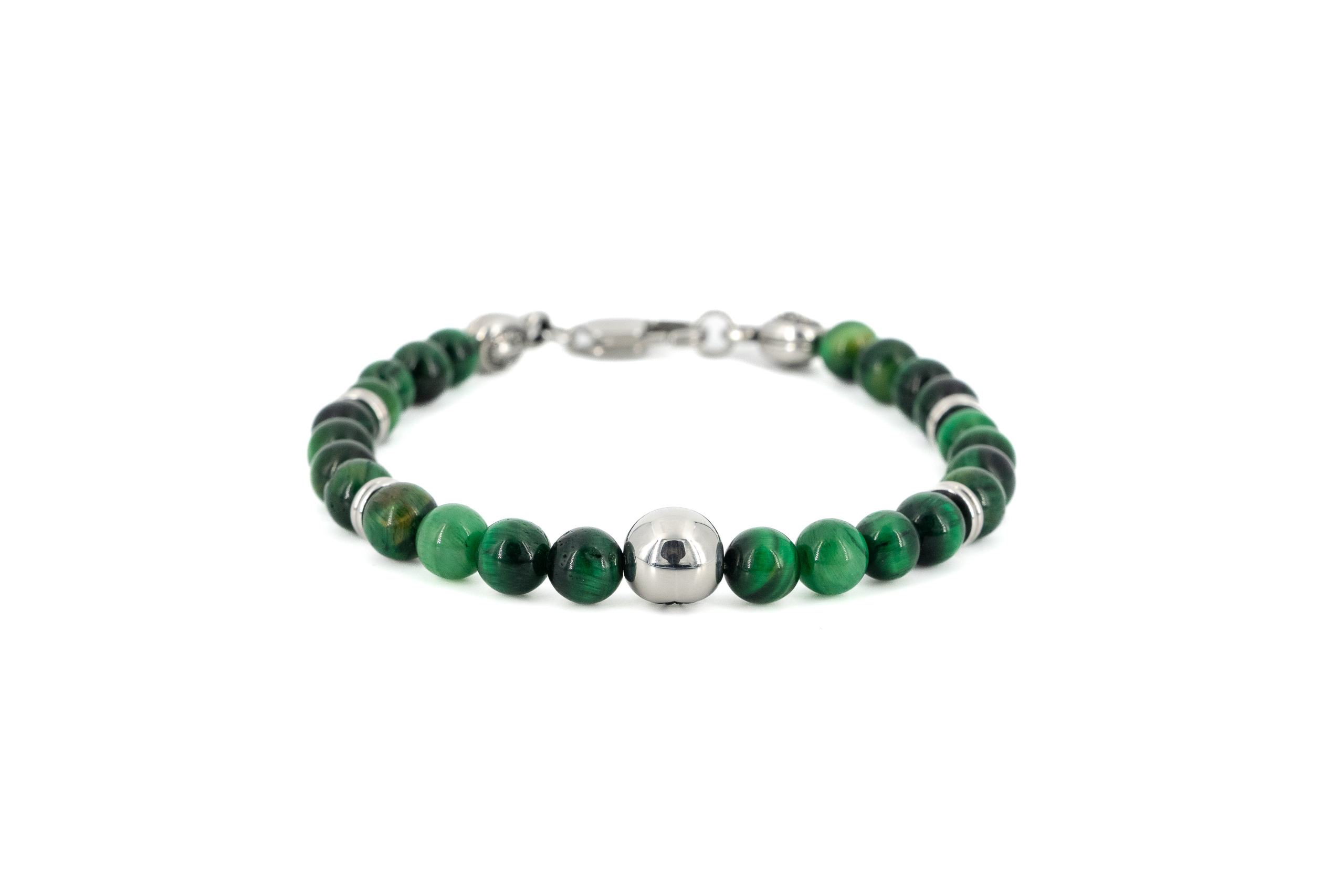 Bracciale uomo palline acciaio e occhio di tigre verde