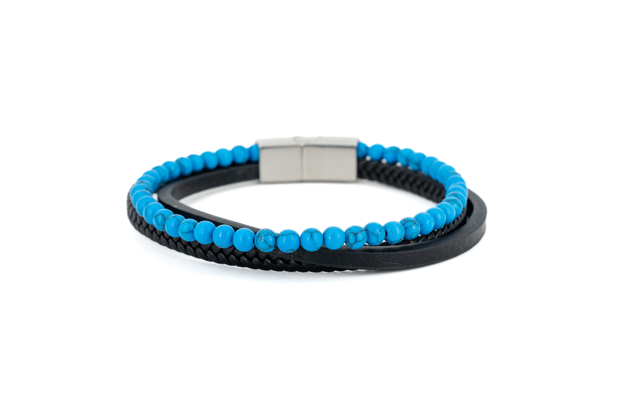 Bracciale uomo tre fili acciaio,cuoio e pietra turchese