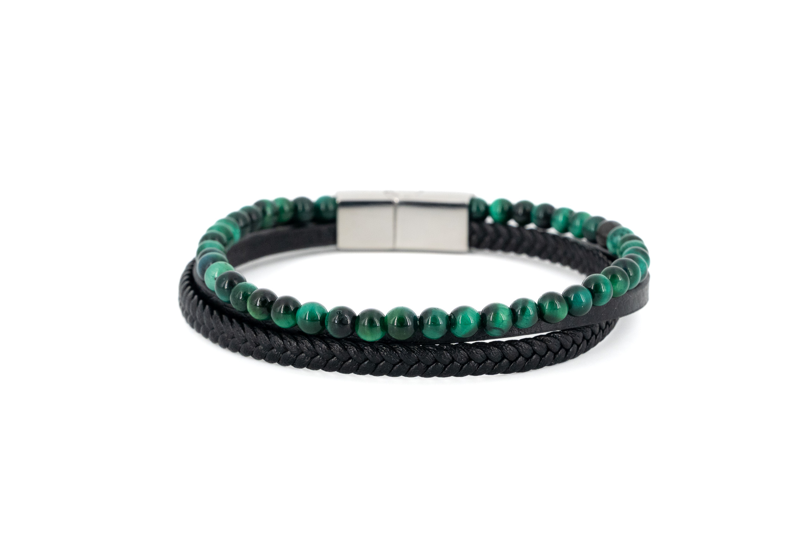 Bracciale uomo tre fili acciaio,cuoio e occhio di tigre verde