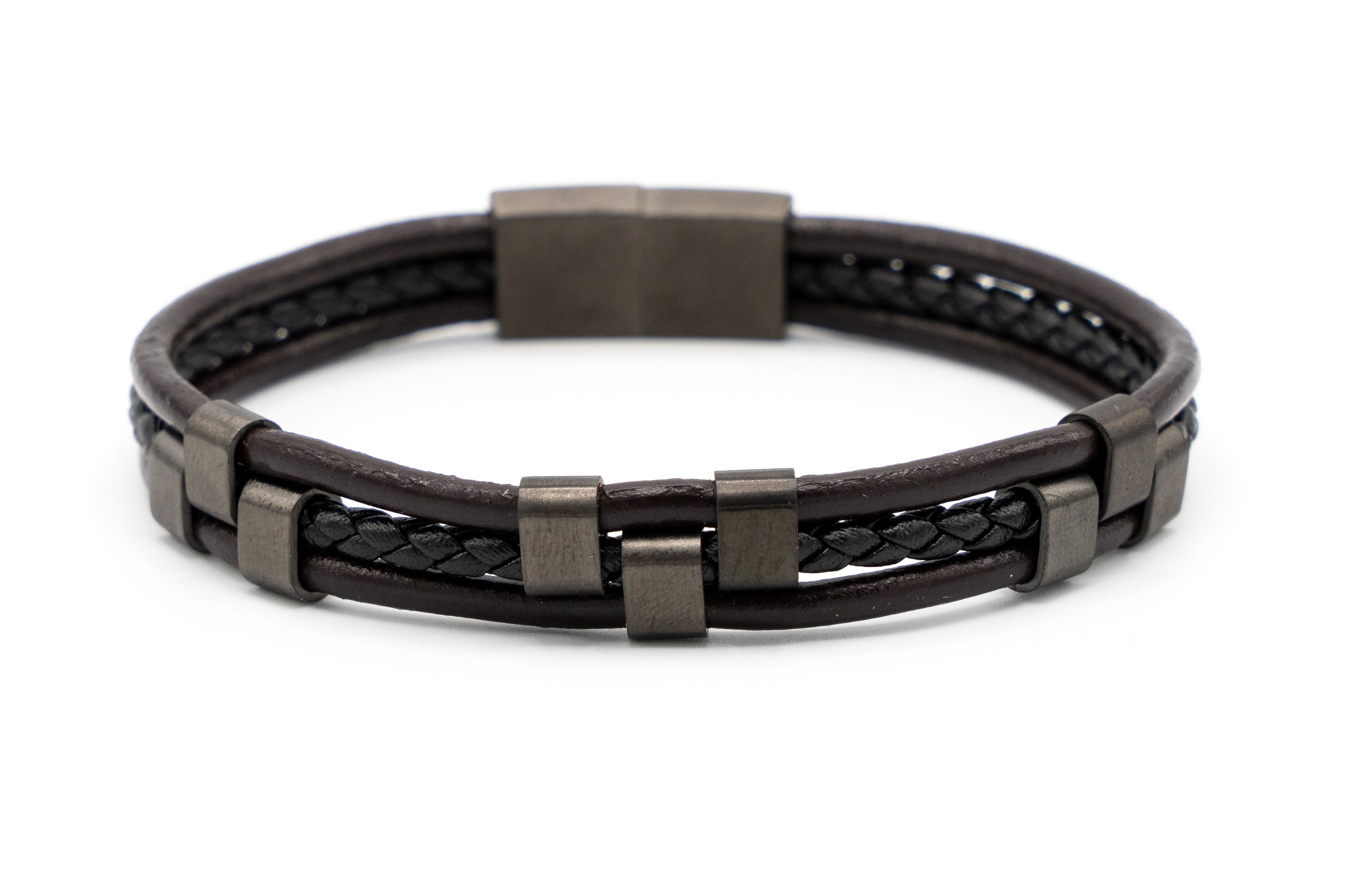 BRACCIALE UOMO 3 FILI PELLE TRECCIA ACCIAIO CHIUS.CALAMITA(20cm)