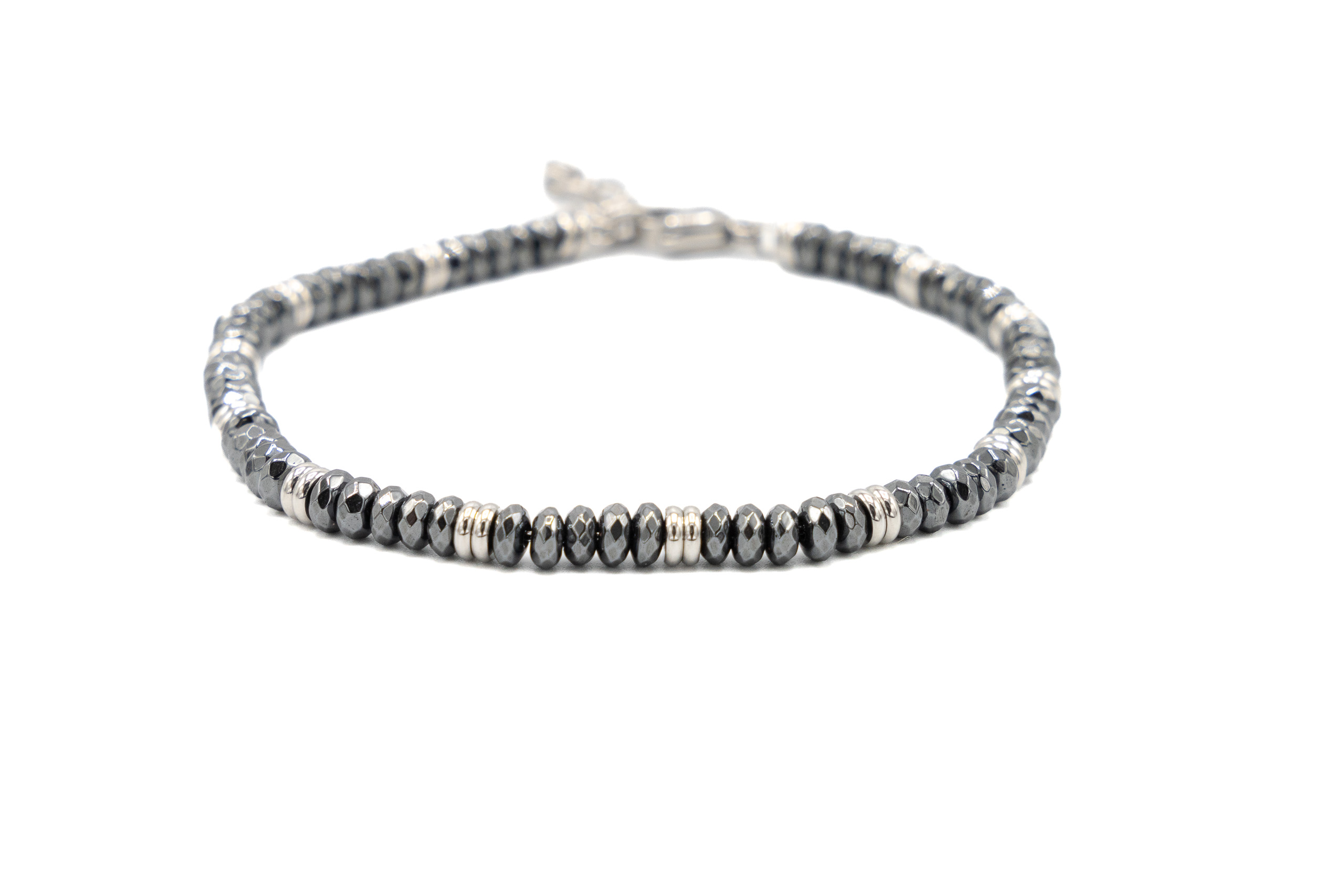 BRACCIALE UOMO PALLINE EMATITE E ACCIAIO CHIUSURA CATENA (21cm)