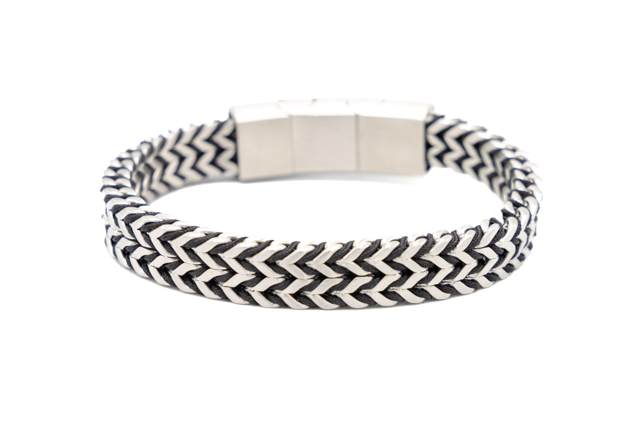 BRACCIALE TRECCIA ALTA UOMO PELLE E ACCIAIO CHIUSURA CALAMITA(20cm)