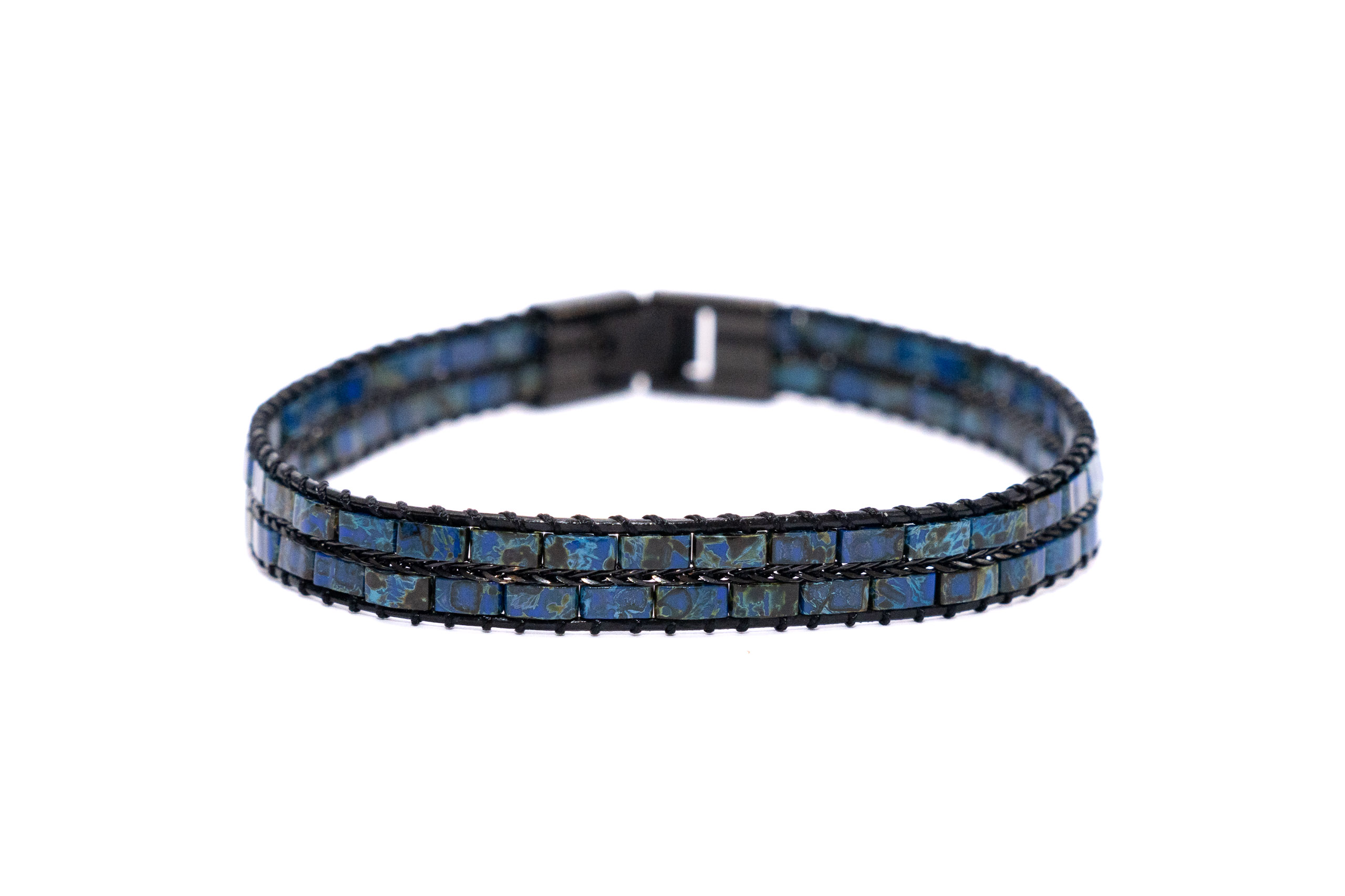 Bracciale uomo acciaio e cuoio quadretti vetro blu