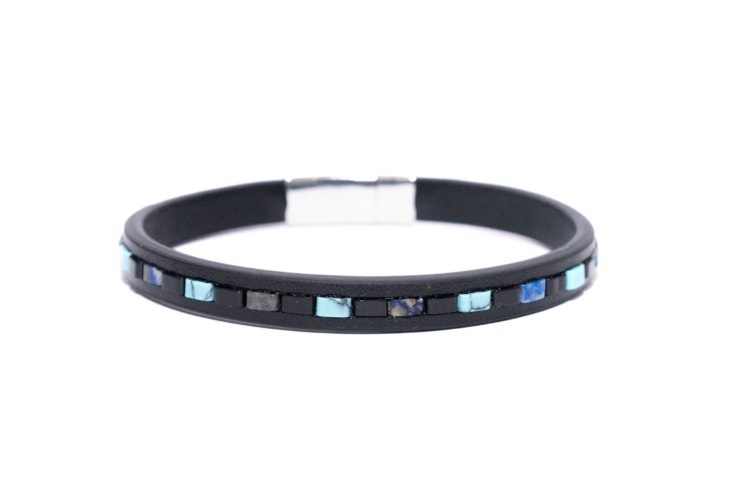 Bracciale uomo acciaio,cuoio e pietrine Agata Nera,Turchese