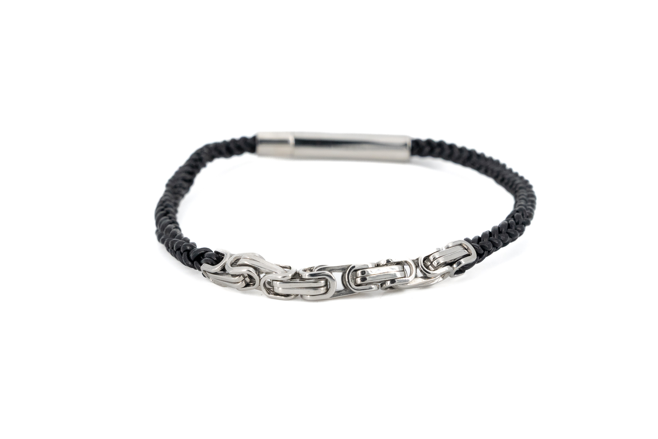 Bracciale uomo treccina cuoio catena acciaio centrale