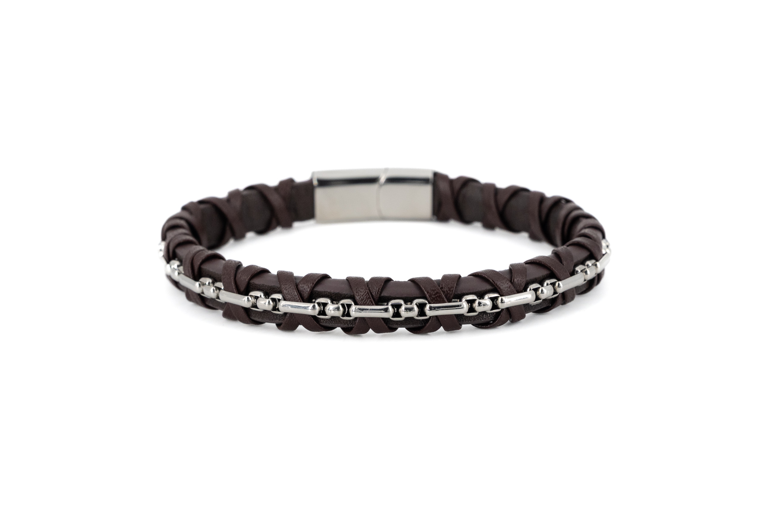 Bracciale uomo intreccio cuoio catena acciaio centrale