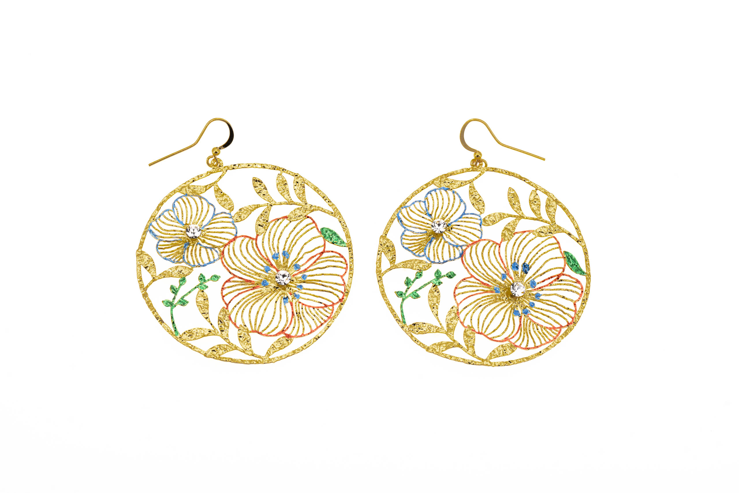 Orecchini ottone tondo fiori smaltati color e strass
