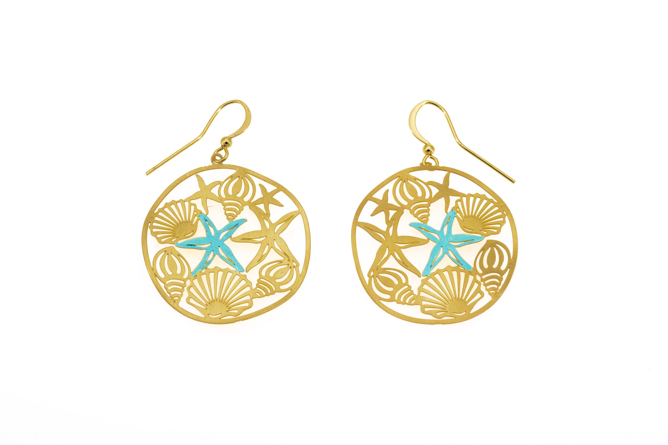 Orecchini ottone tondo conchiglie e stella marina turchese