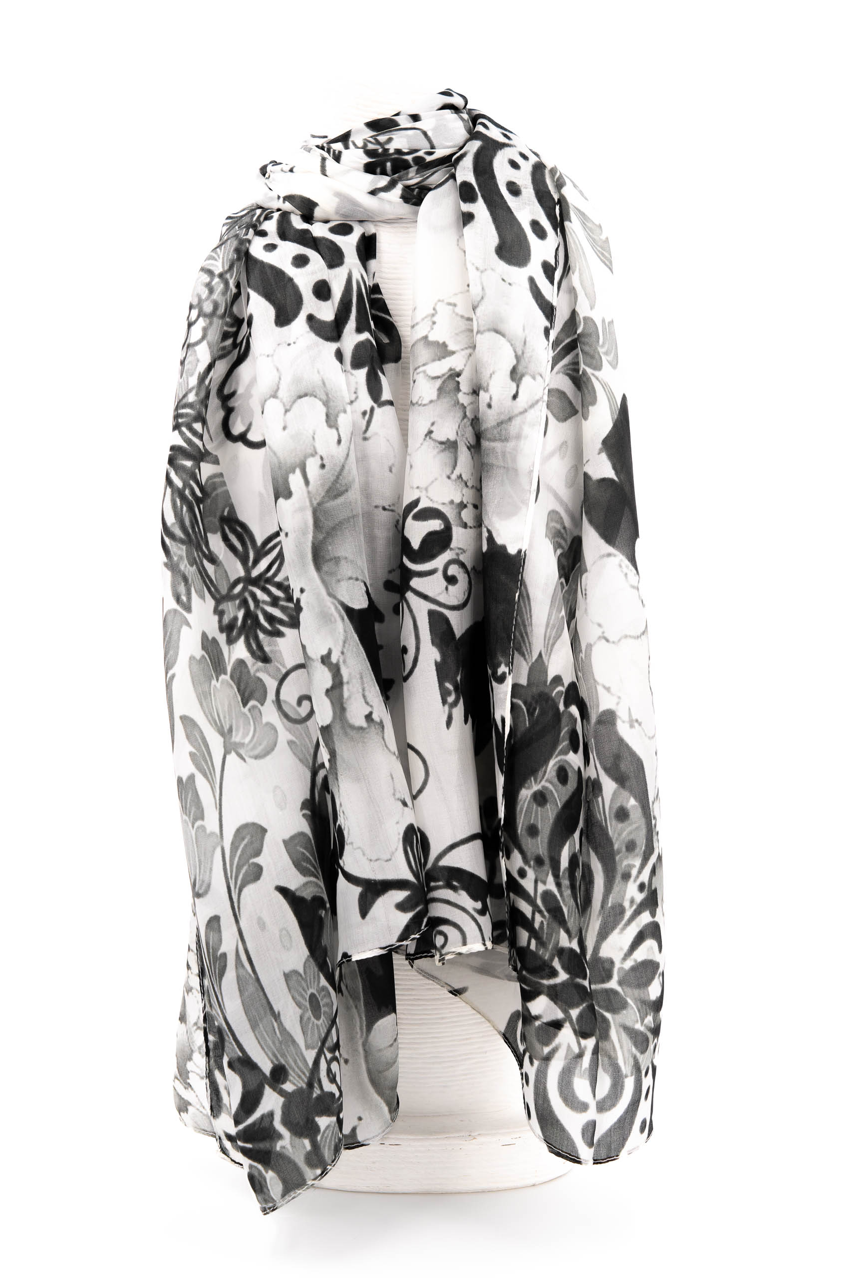 Sciarpa seta grande 100x180 disegno fiori arabesque nero