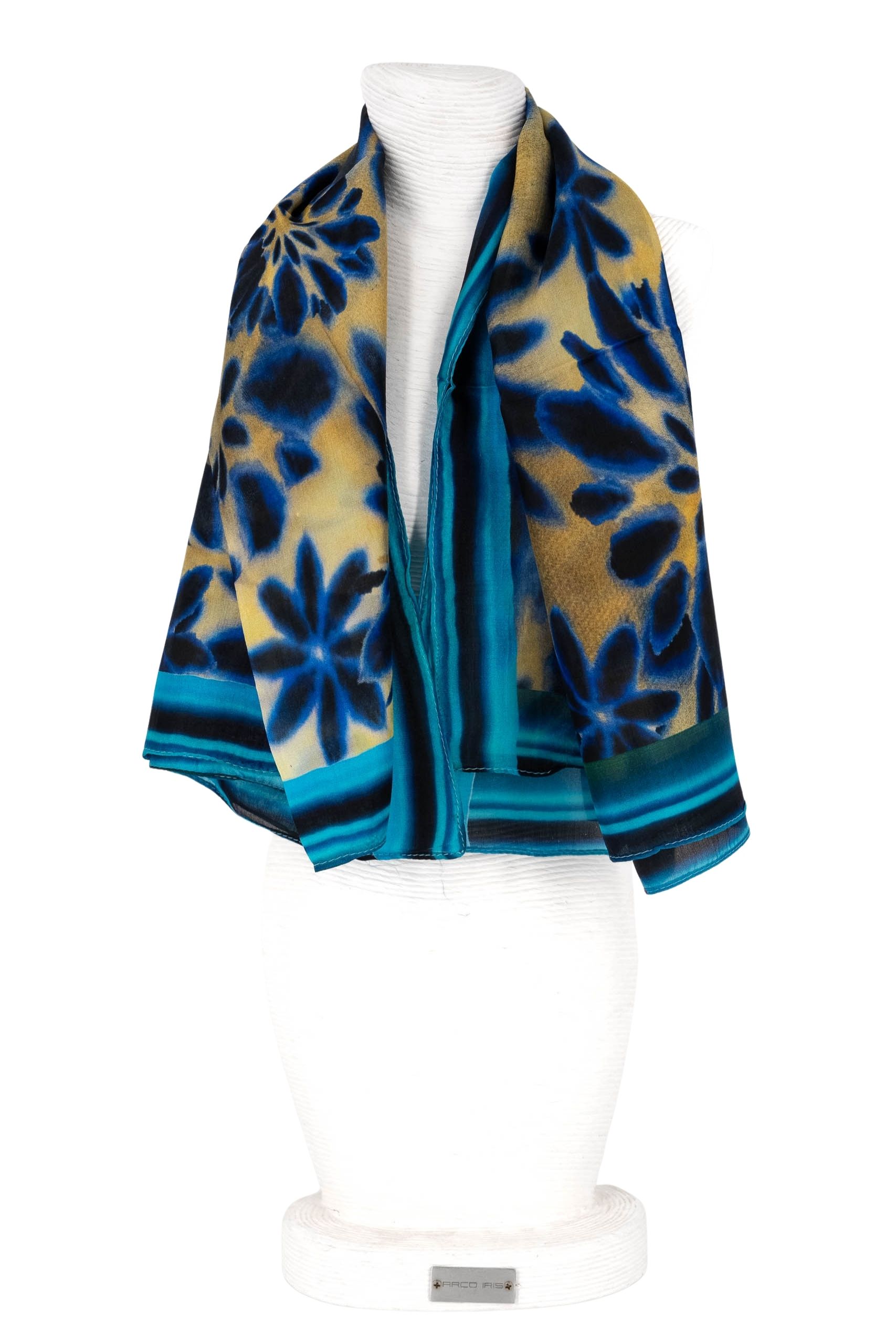 Sciarpa seta quadrata 70x70 disegno fiori bordo blu e nero