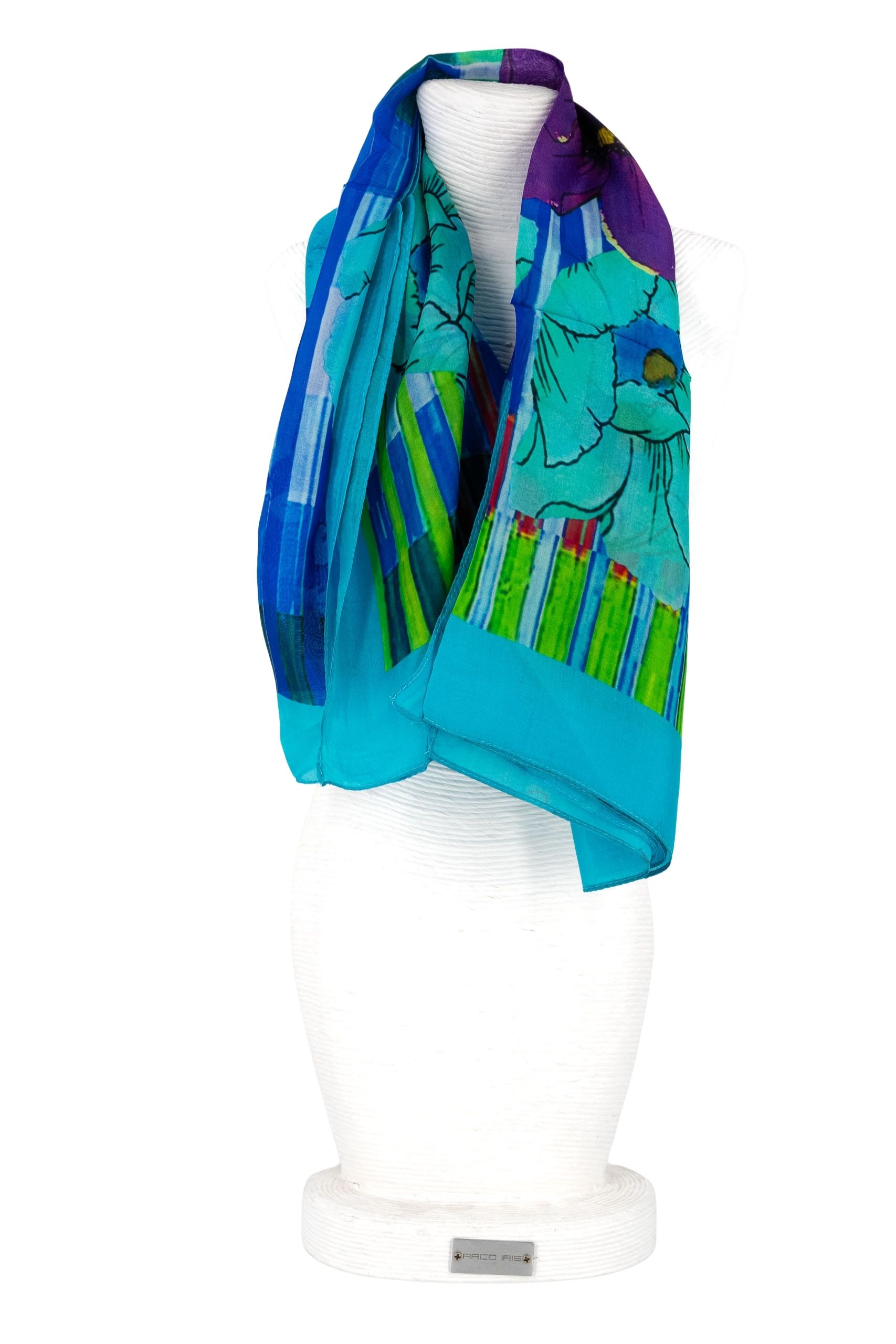 Sciarpa seta quadrata 70x70 disegno fiori bordo turchese