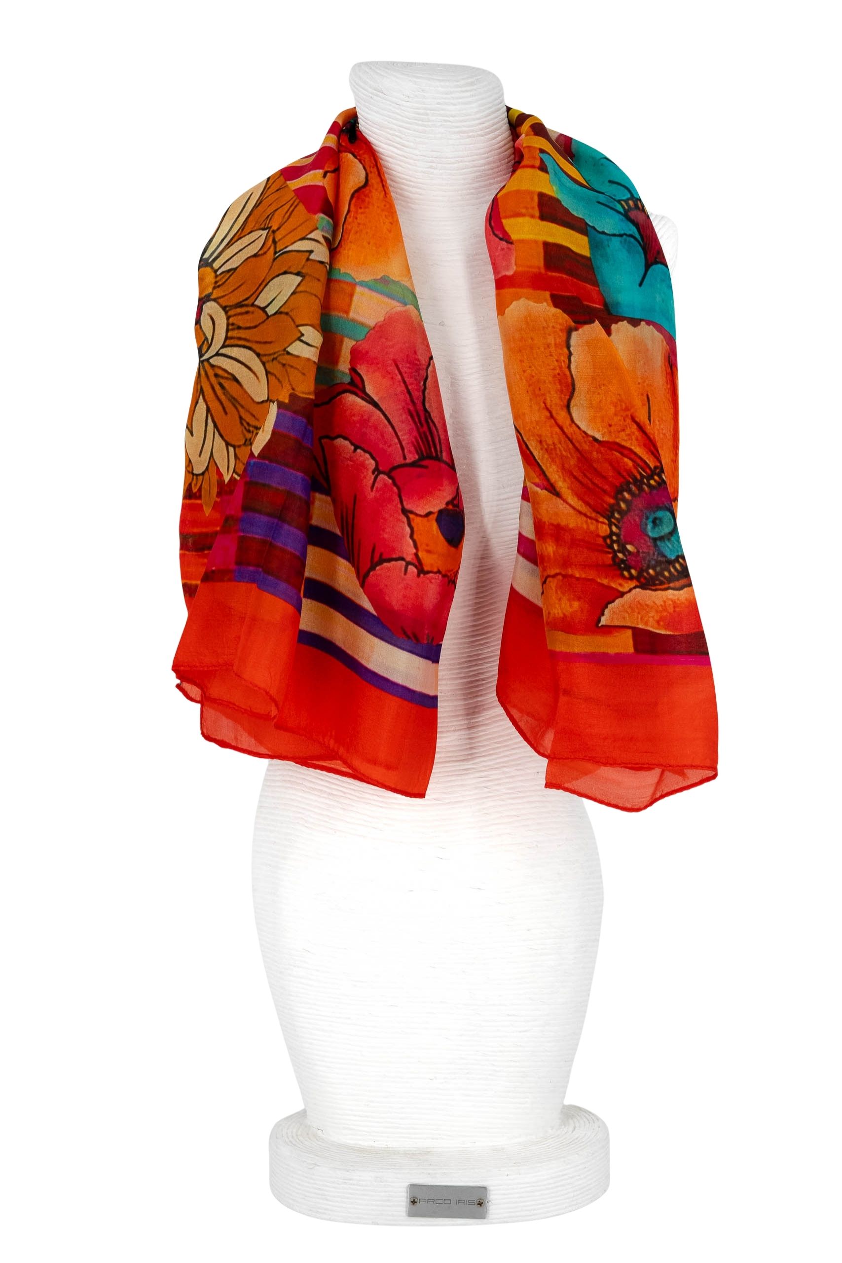 Sciarpa seta quadrata 70x70 disegno fiori bordo rosso