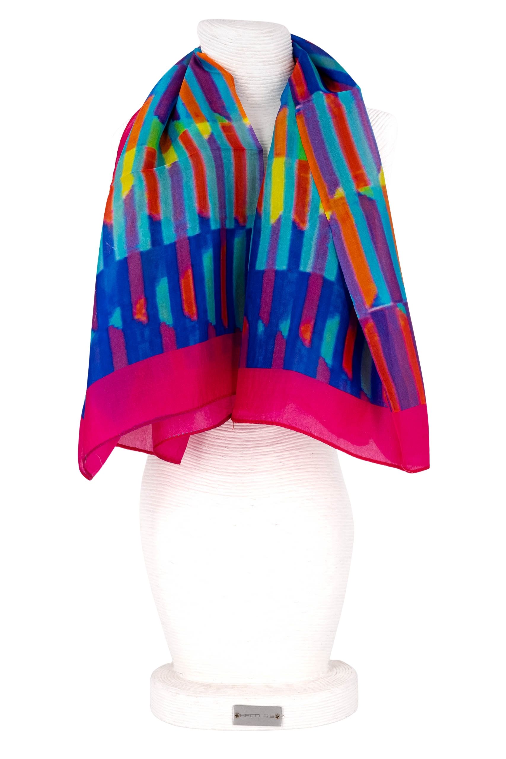 Sciarpa seta quadrata 70x70 disegno rigato bordo fuxia