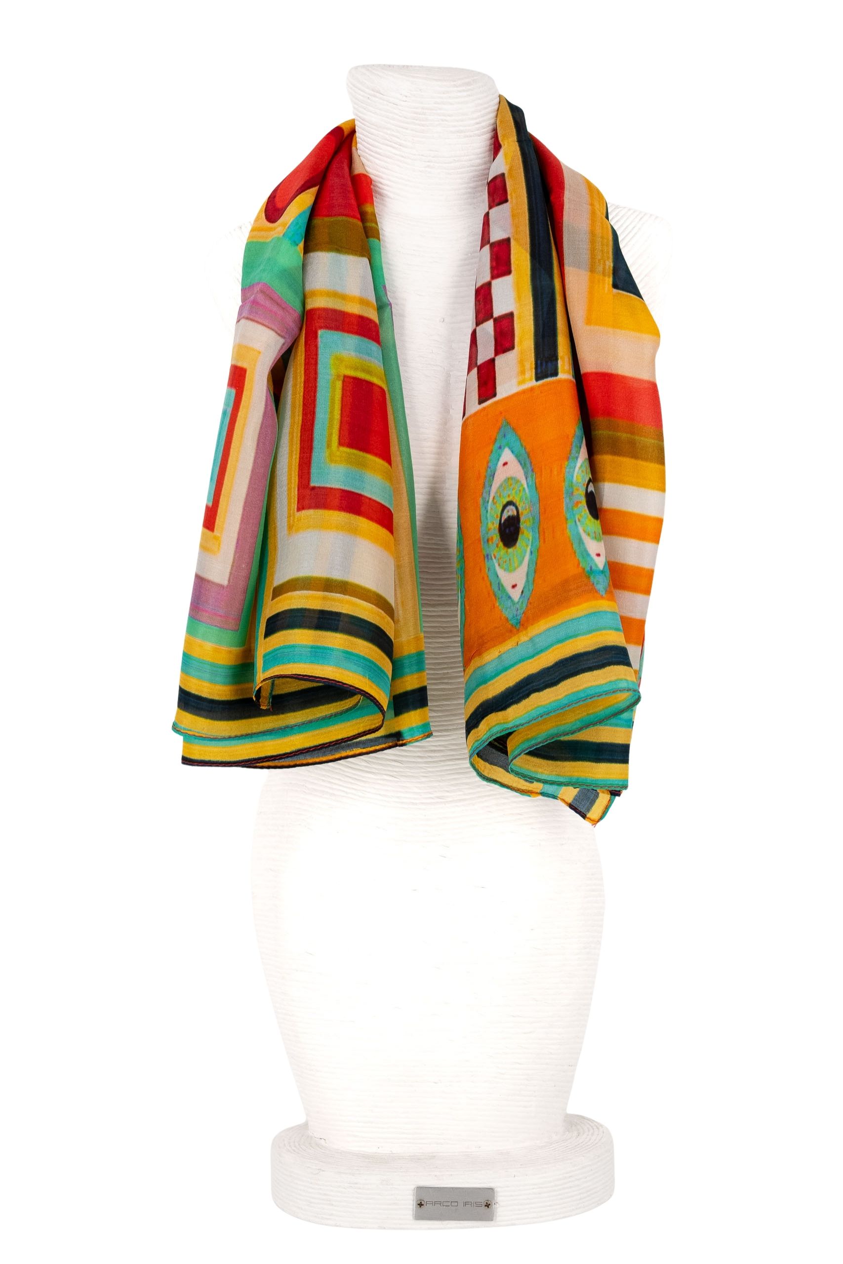 Sciarpa seta quadrata 70x70 disegni geometrici bordo rigato