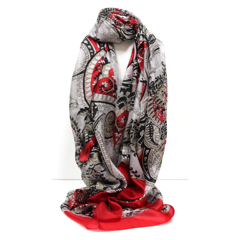 SCIARPA 100% SETA 100X180cm ROSSA DISEGNO CASHMERE MARRONE/NERO