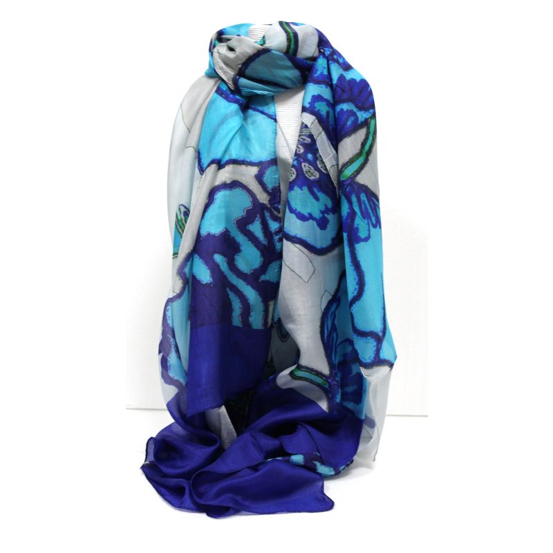 SCIARPA 100% SETA 100X180cm BLU DISEGNO CASHMERE VERDE/TURCHESE