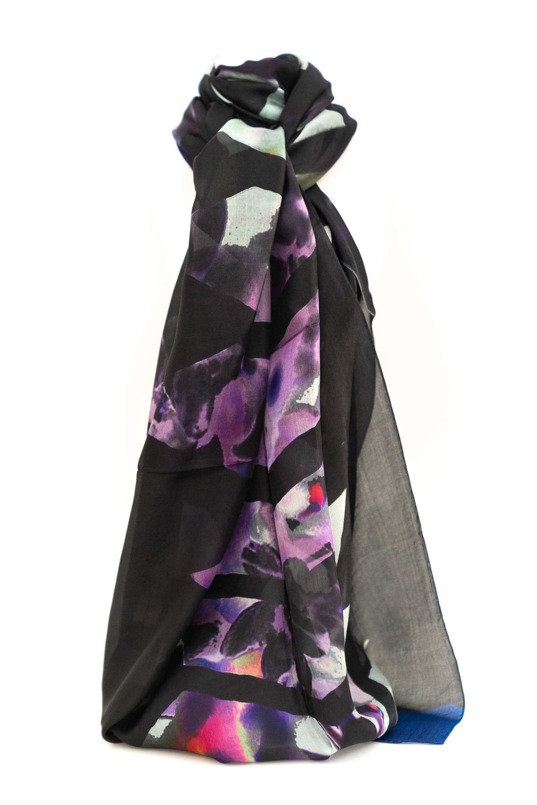 SCIARPA 100% SETA 100X180cm 2 BANDE CENTRALI NERO+VIOLA