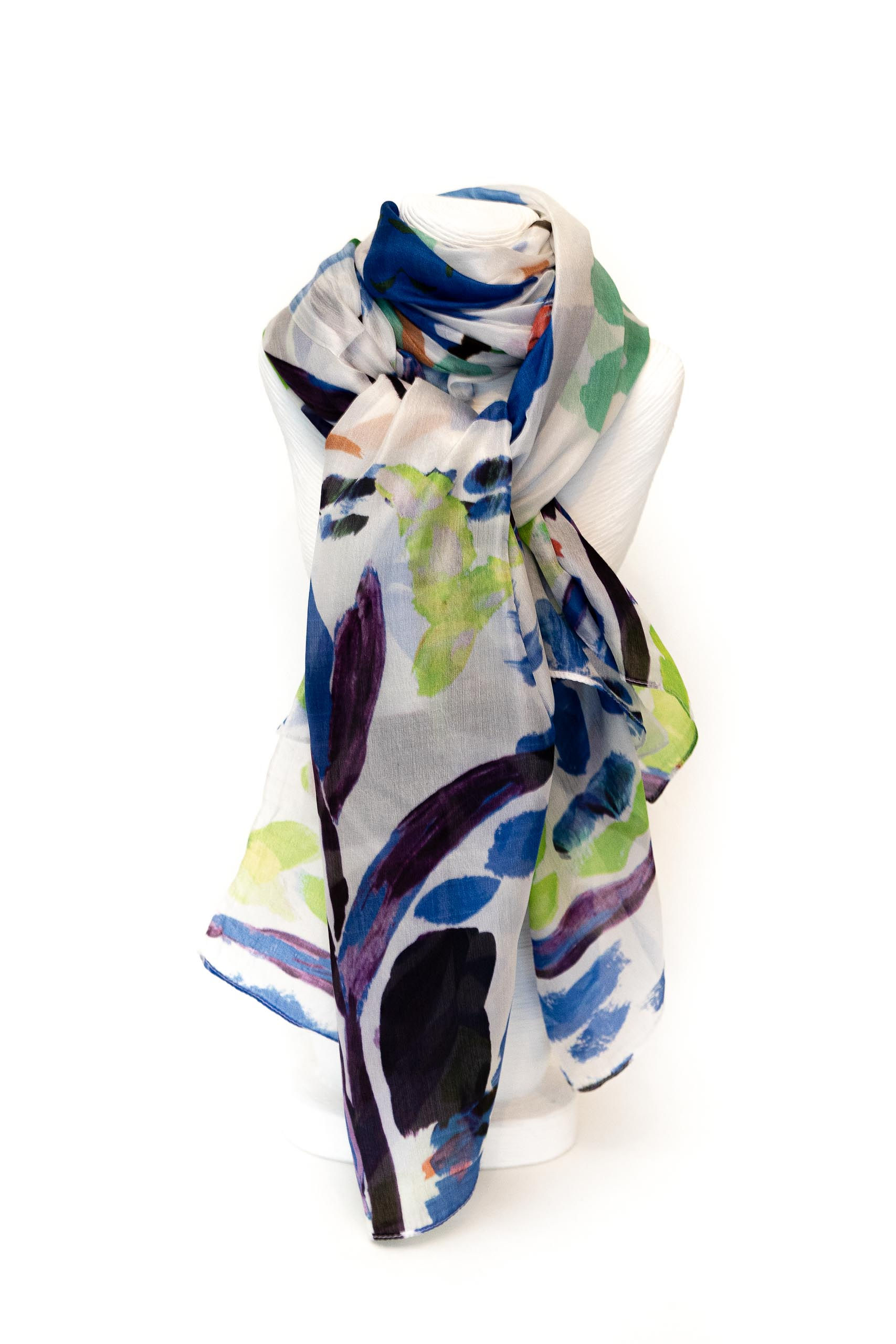 SCIARPA 100% SETA 100X180cm BLU+VERDE DISEGNO FIORI DIPINTO A MANO