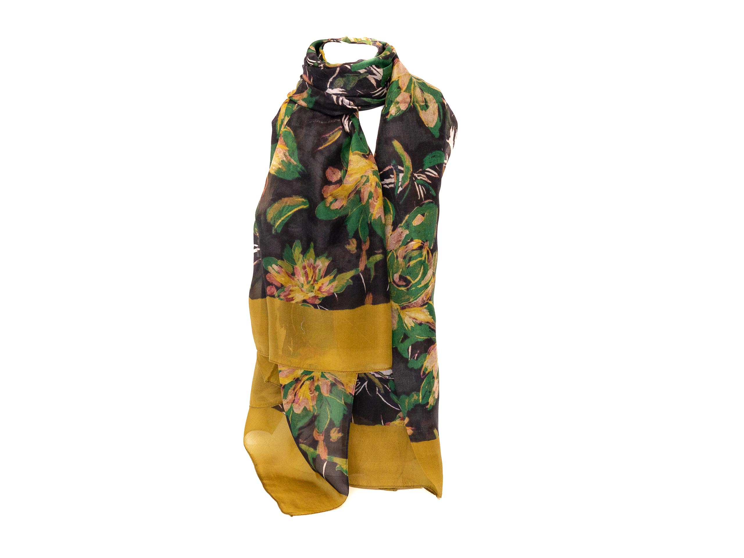 SCIARPA 100% SETA 100X180cm NERA DISEGNO FIORI VERDI E GIALLI
