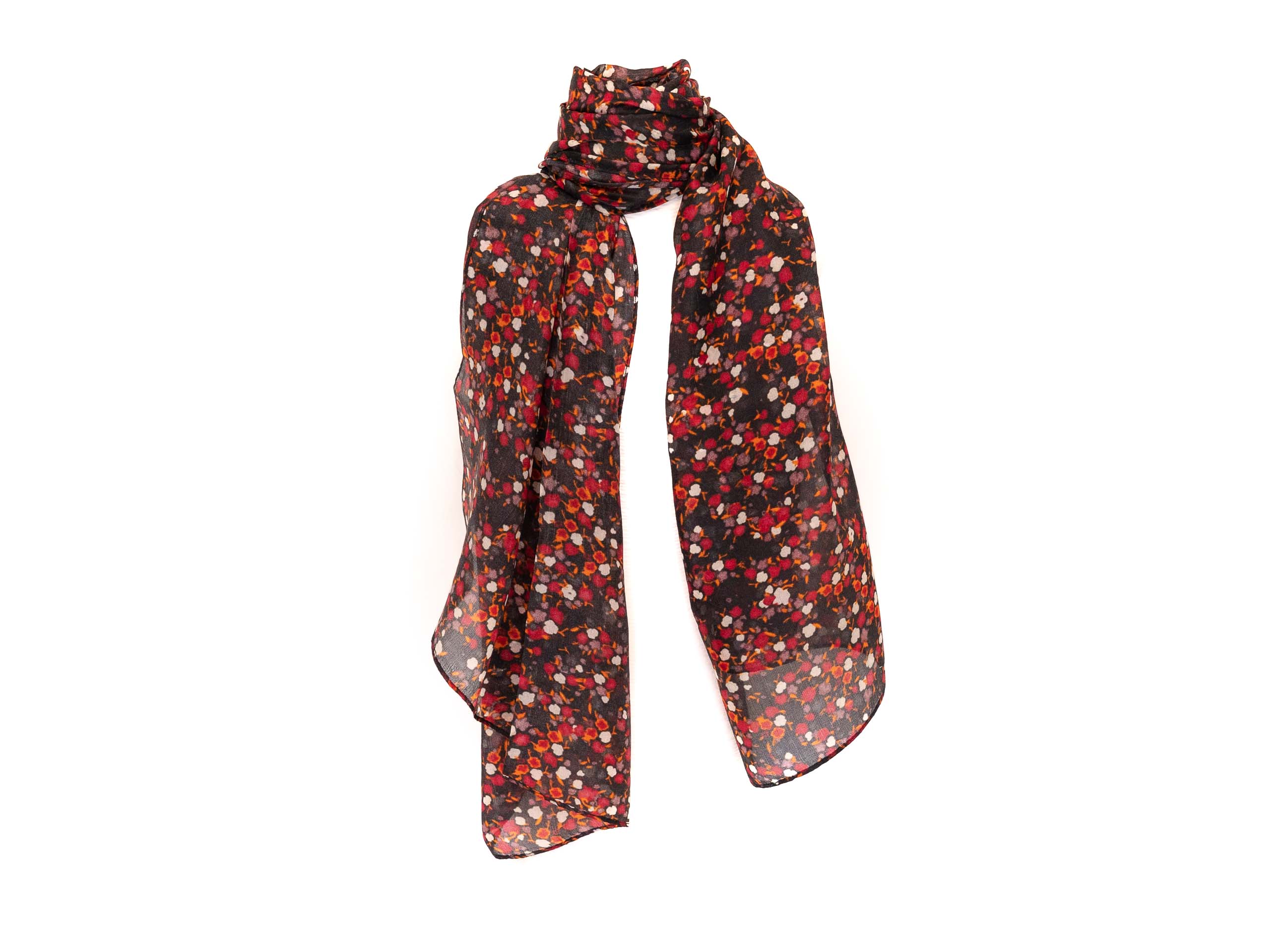 SCIARPA 100% SETA 50X180cm NERA DISEGNO FIORELLINI ROSSI ARANCIO BIANCHI