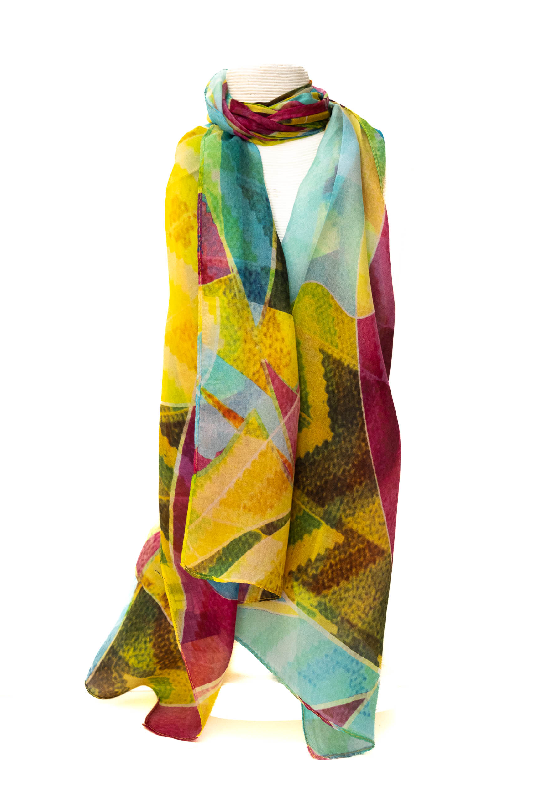 SCIARPA 100% SETA 50X180cm DISEGNO ASTRATTO MULTI COLOR GIALLO+FUCSIA...