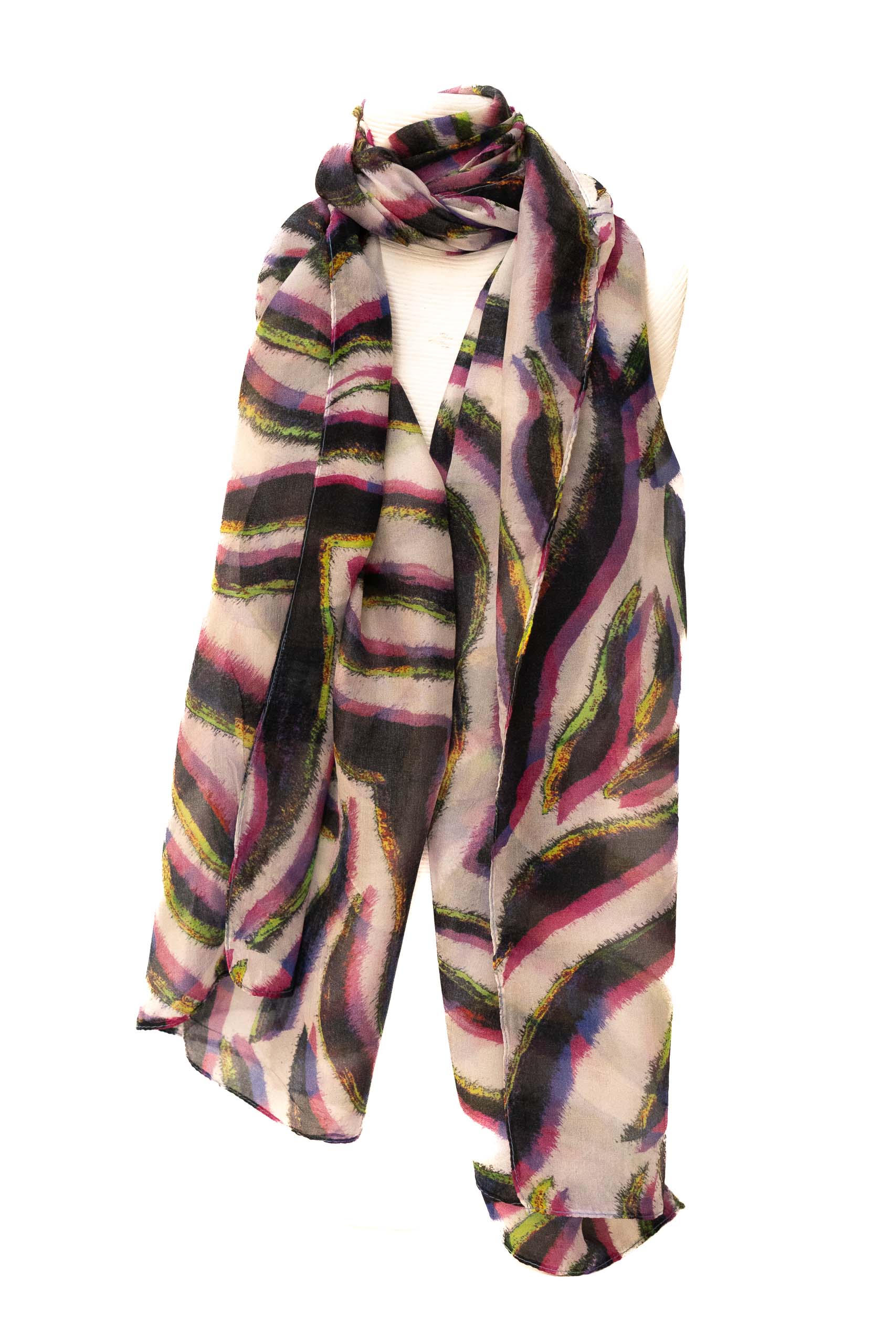 SCIARPA 100% SETA 50X180cm DISEGNO ZEBRATO NERO+FUCSIA+VERDE+GIALLO