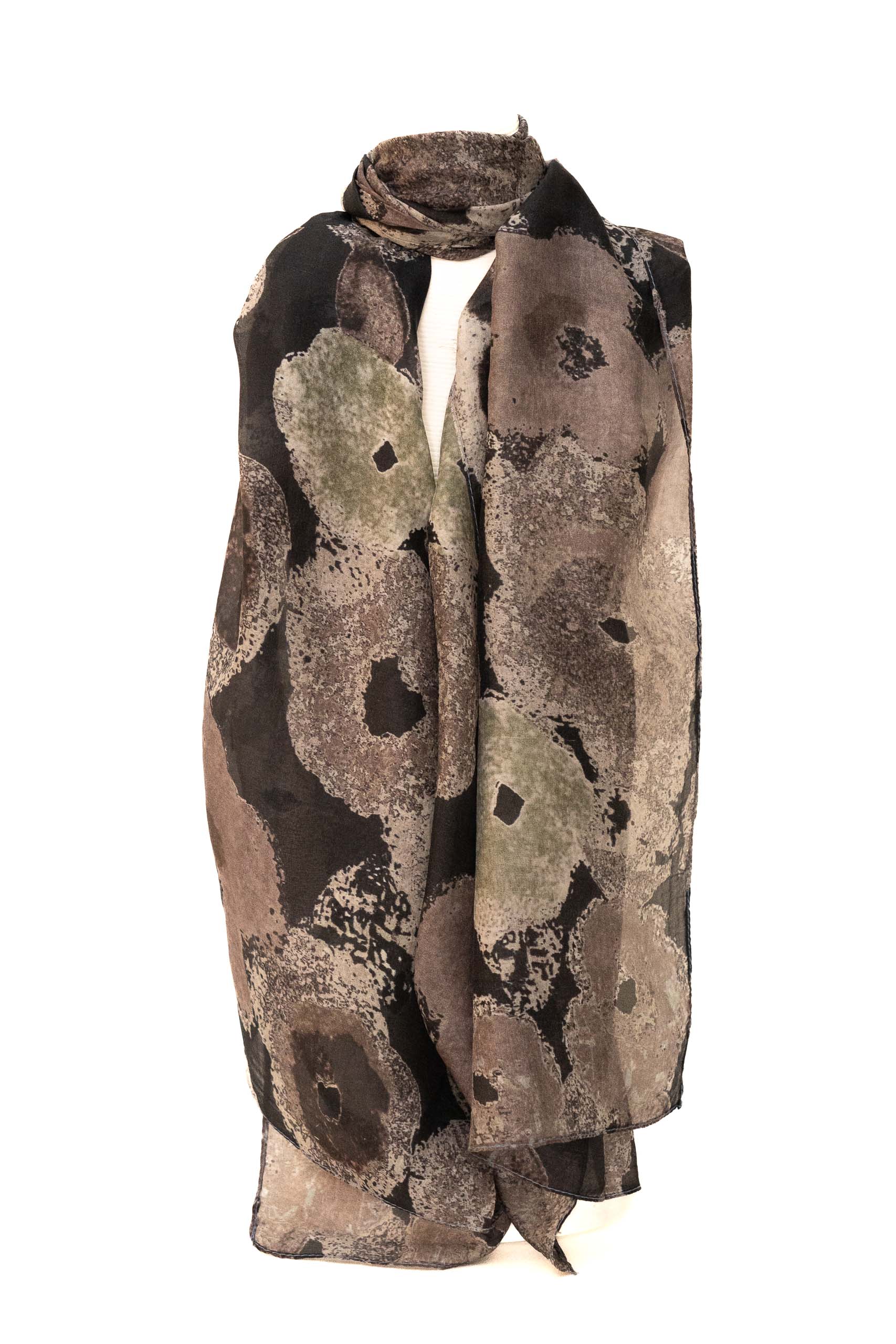 SCIARPA 100% SETA 50X180cm DISEGNO FIORI ASTRATTI GRIGI+NERI