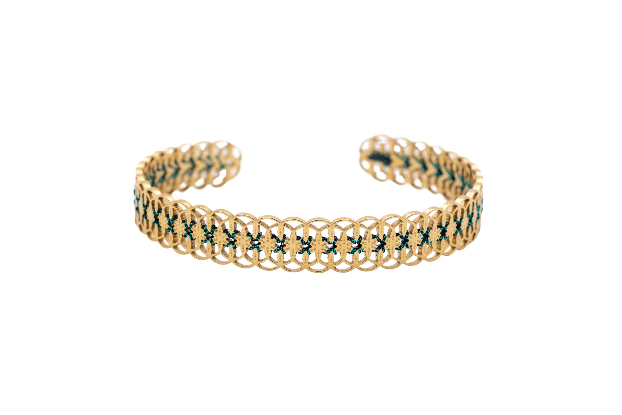 Bracciale acciaio ricamo puntini verdi centrali