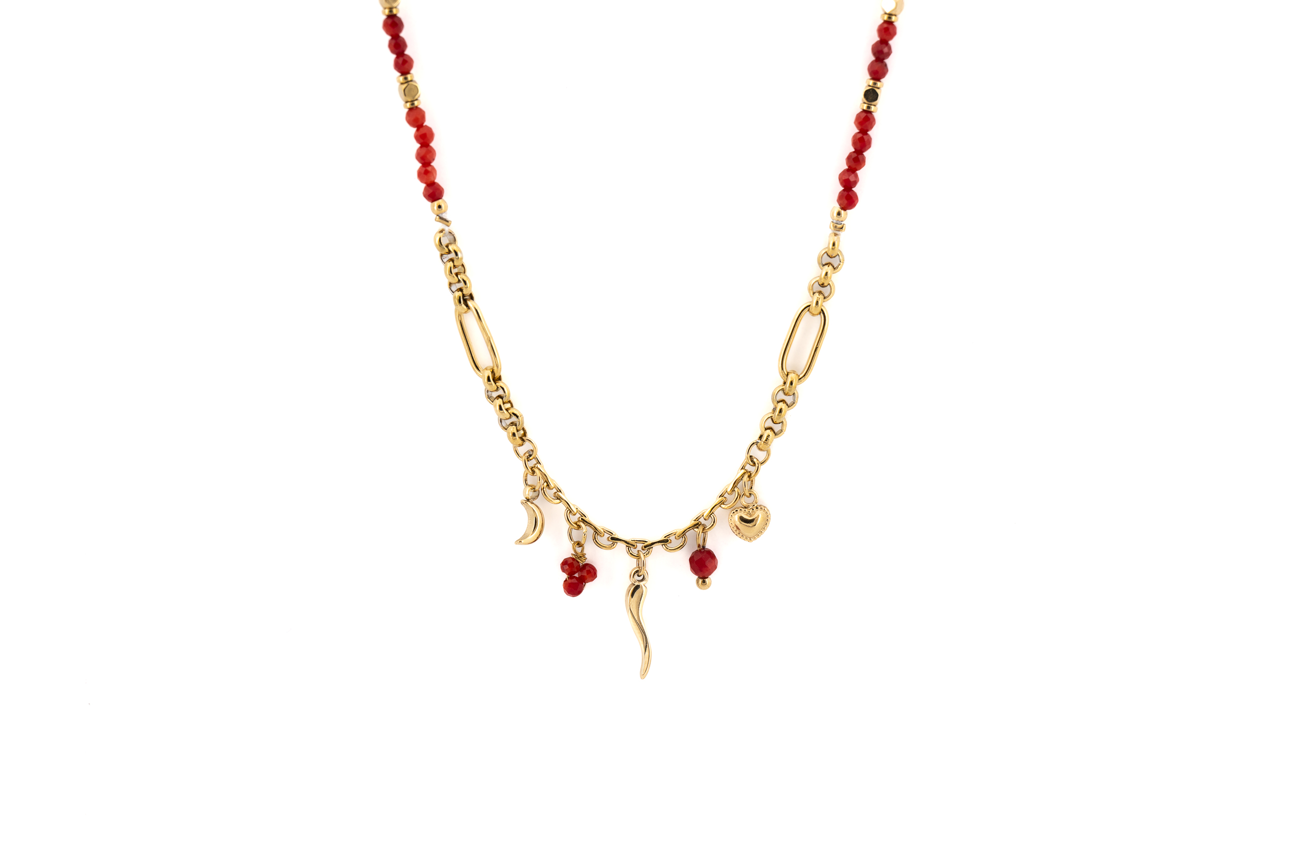 Collana corta acciaio pietre rosse corno,cuore,luna pendenti