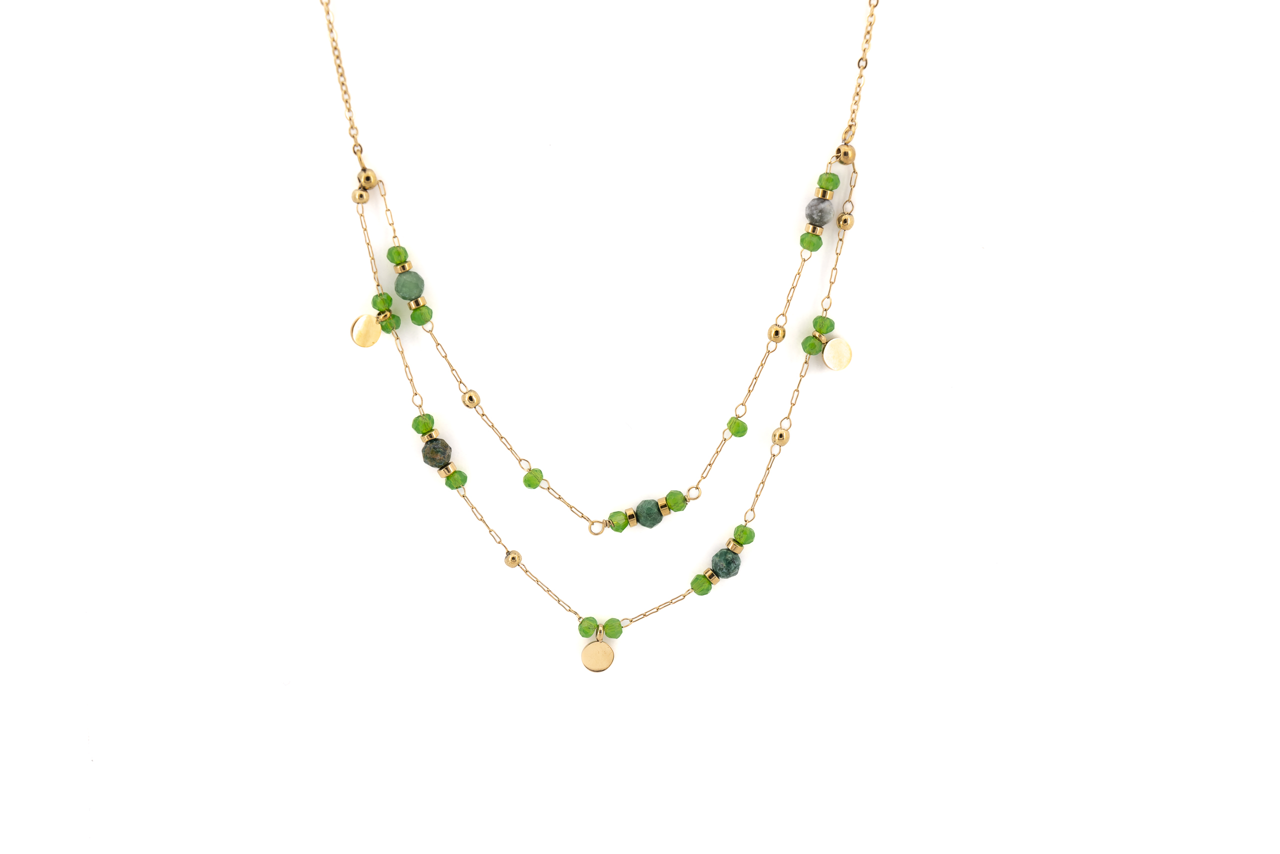 Collana corta acciaio due fili pietre verdi tondini pendenti