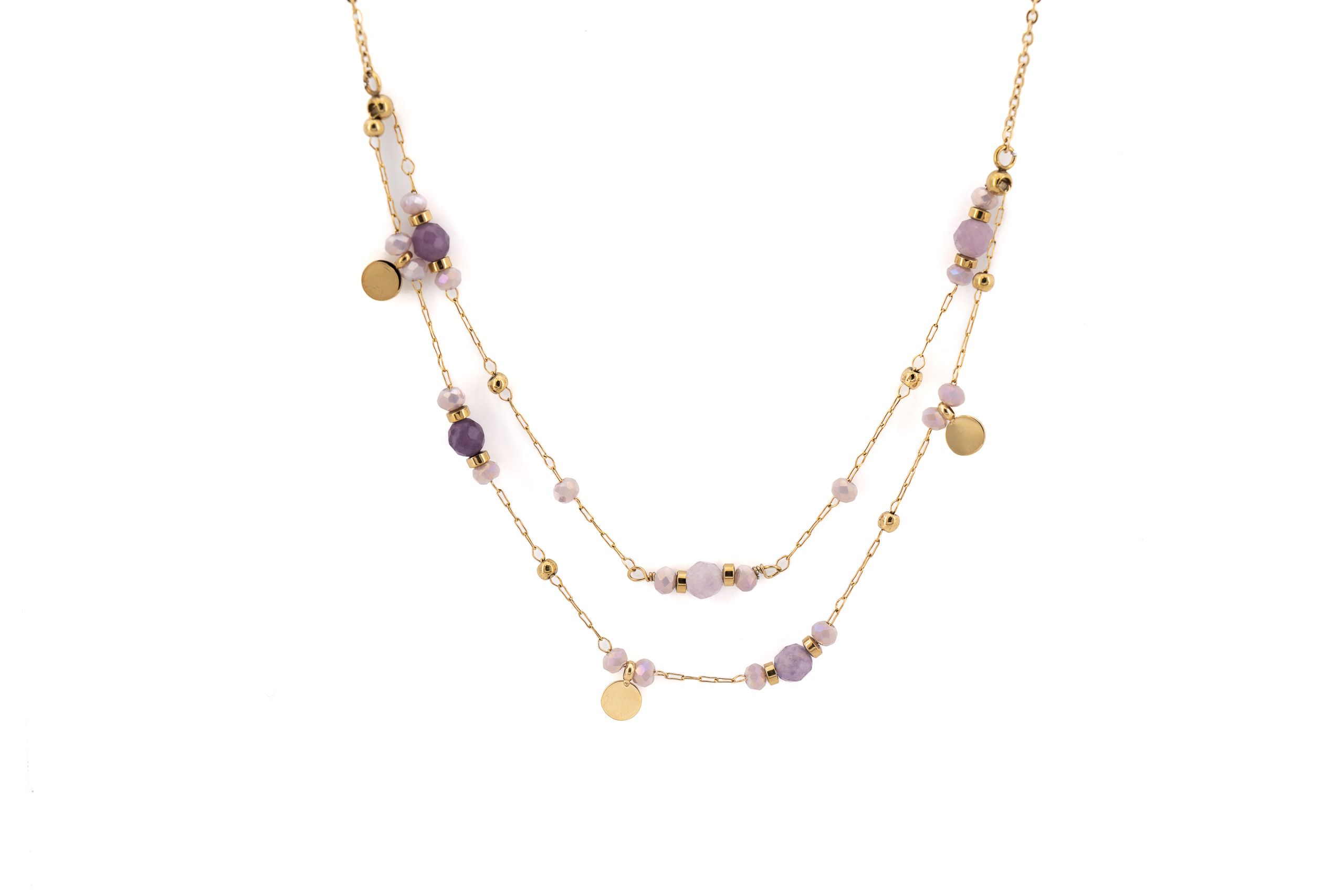 Collana corta acciaio due fili pietre viola tondini pendenti