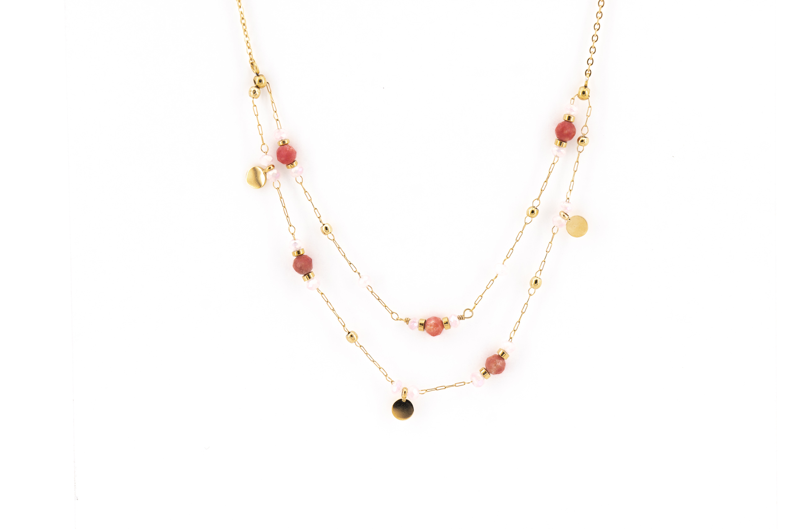Collana corta acciaio due fili pietre rosa tondini pendenti