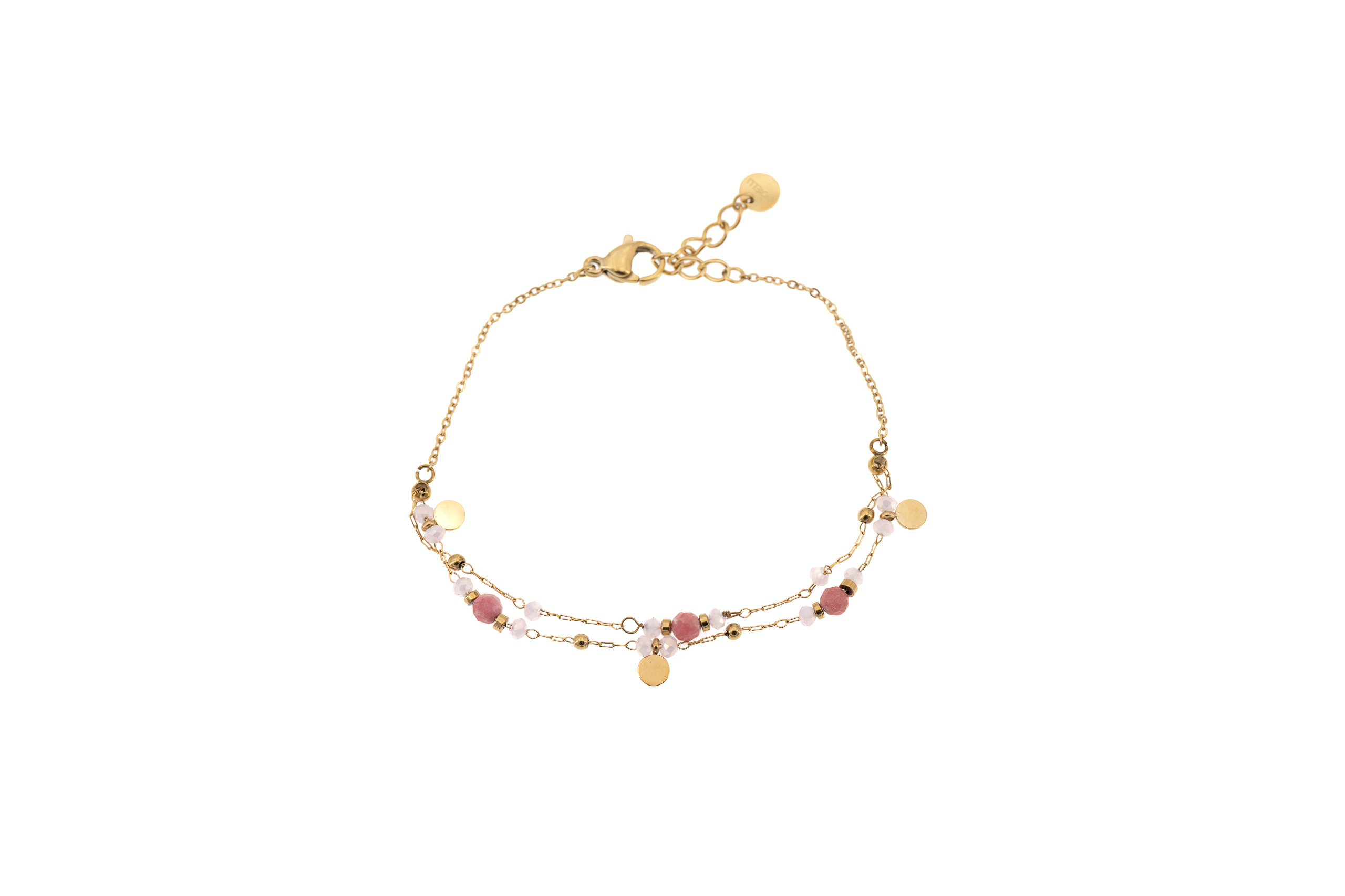 Bracciale acciaio due fili pietre rosa tondini pendenti
