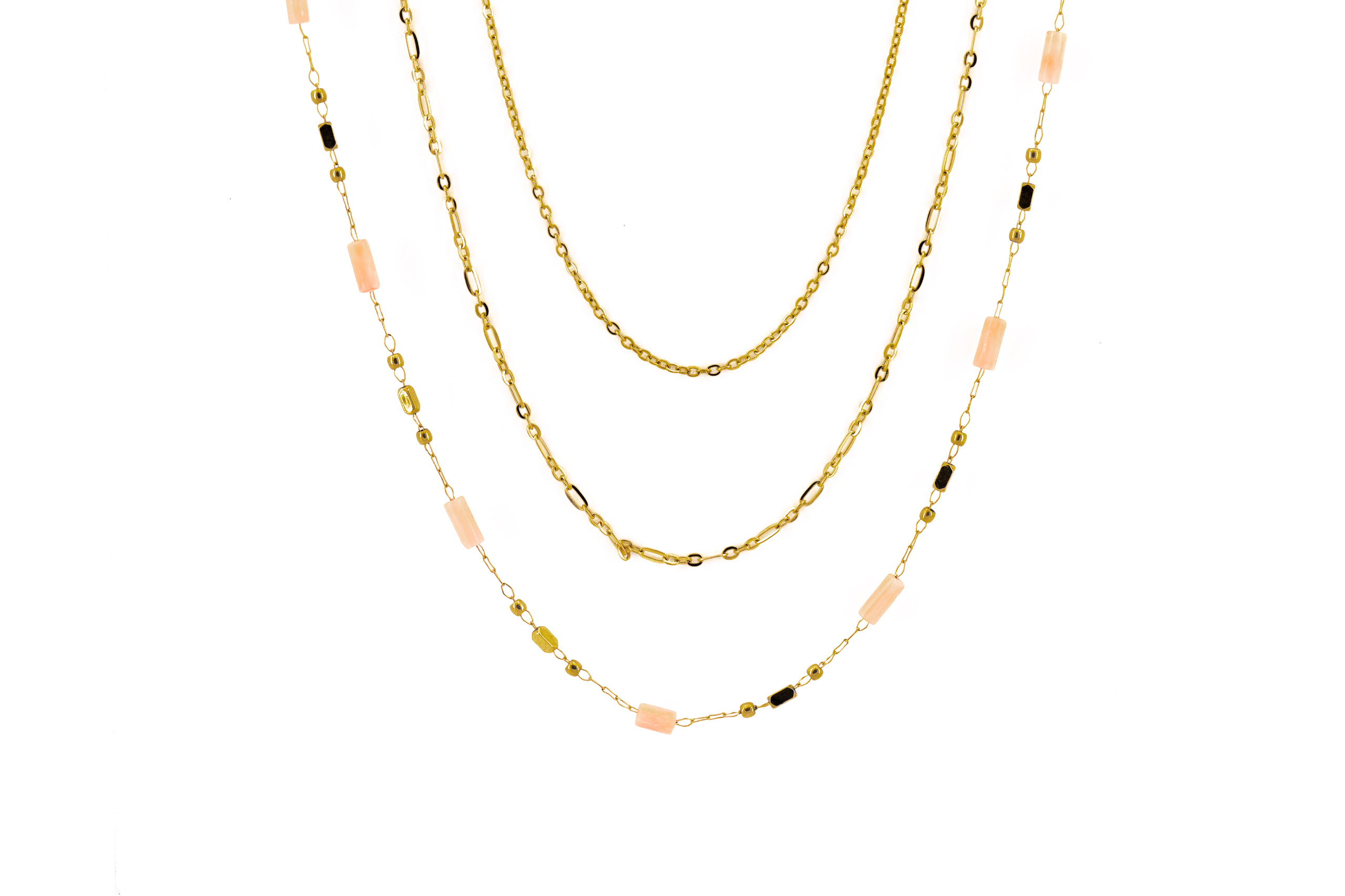 Collana corta tre fili acciaio e tubini rodocrosite