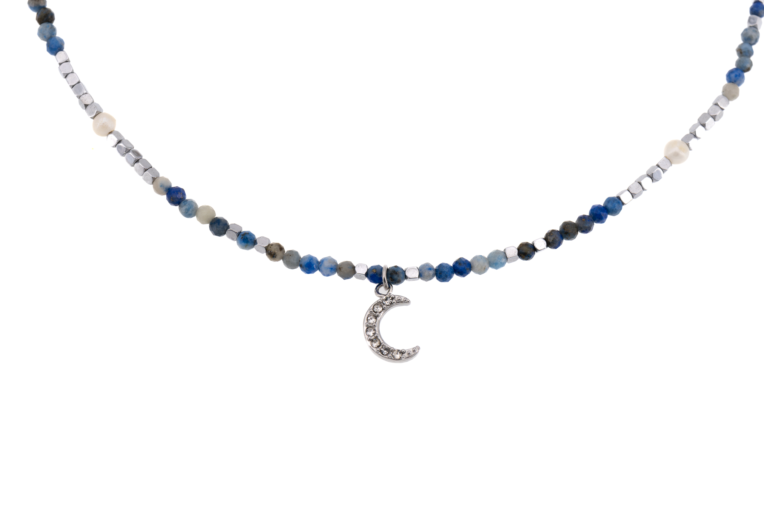 Collana corta acciaio pietra e perla con luna pendente strass