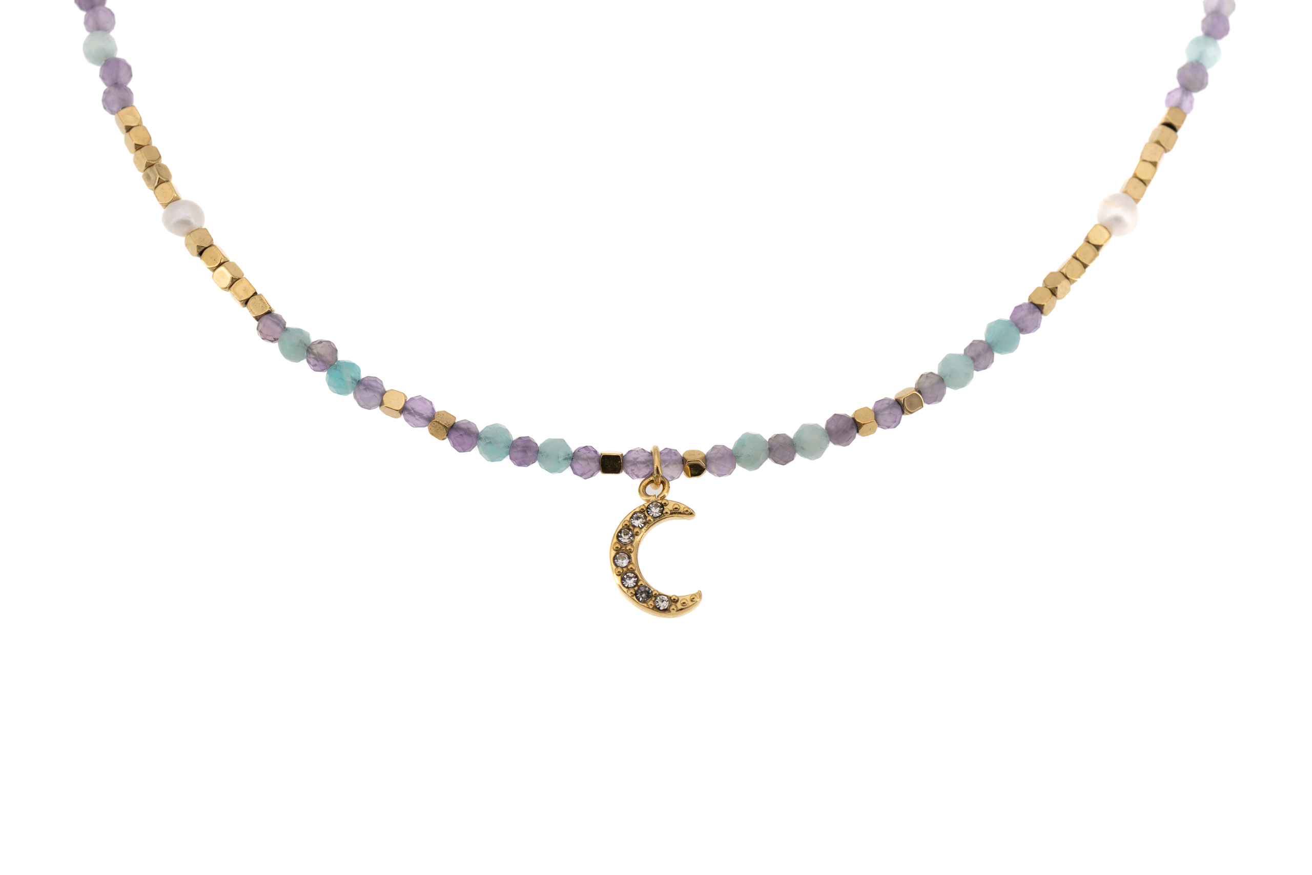 Collana corta acciaio ametista perla con luna pendente strass