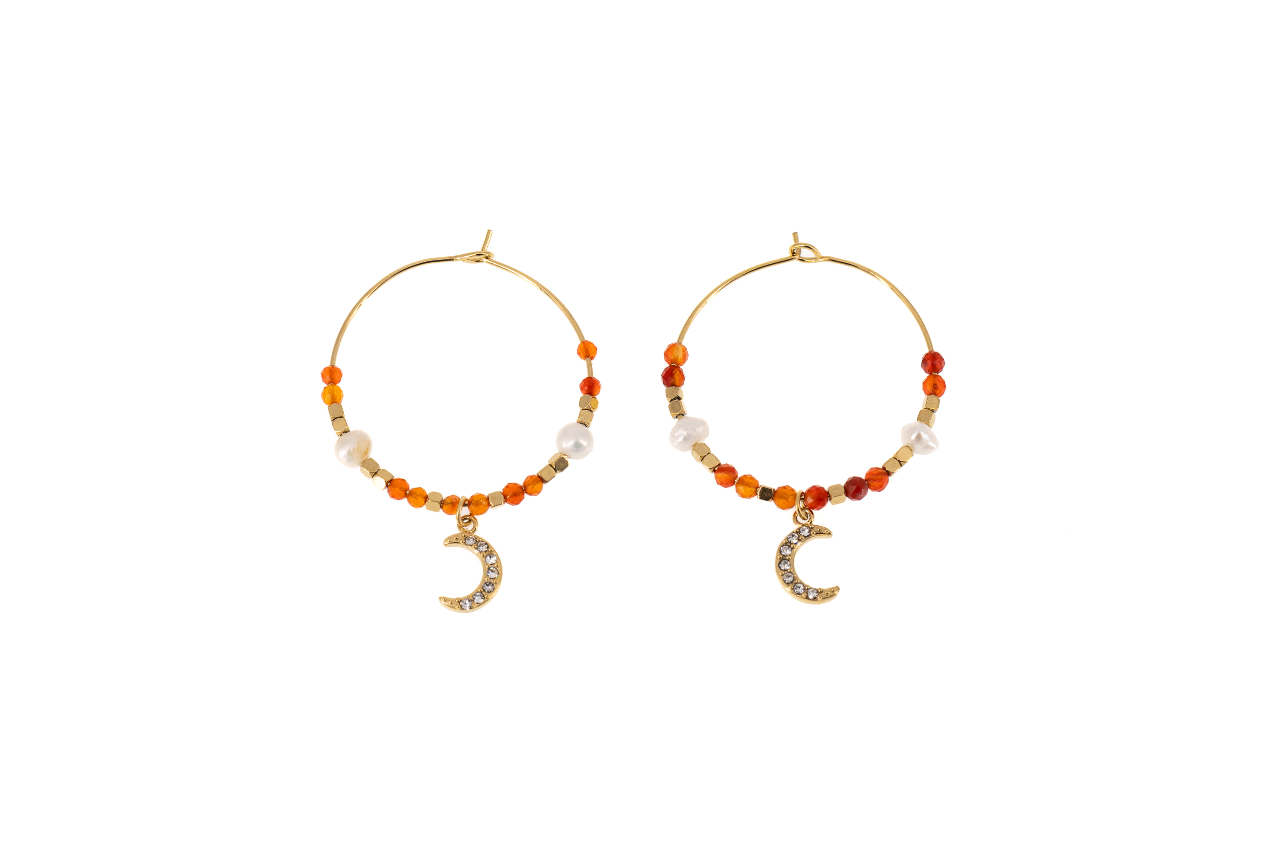 Orecchini cerchio 25mm acciaio agata e perla+luna strass