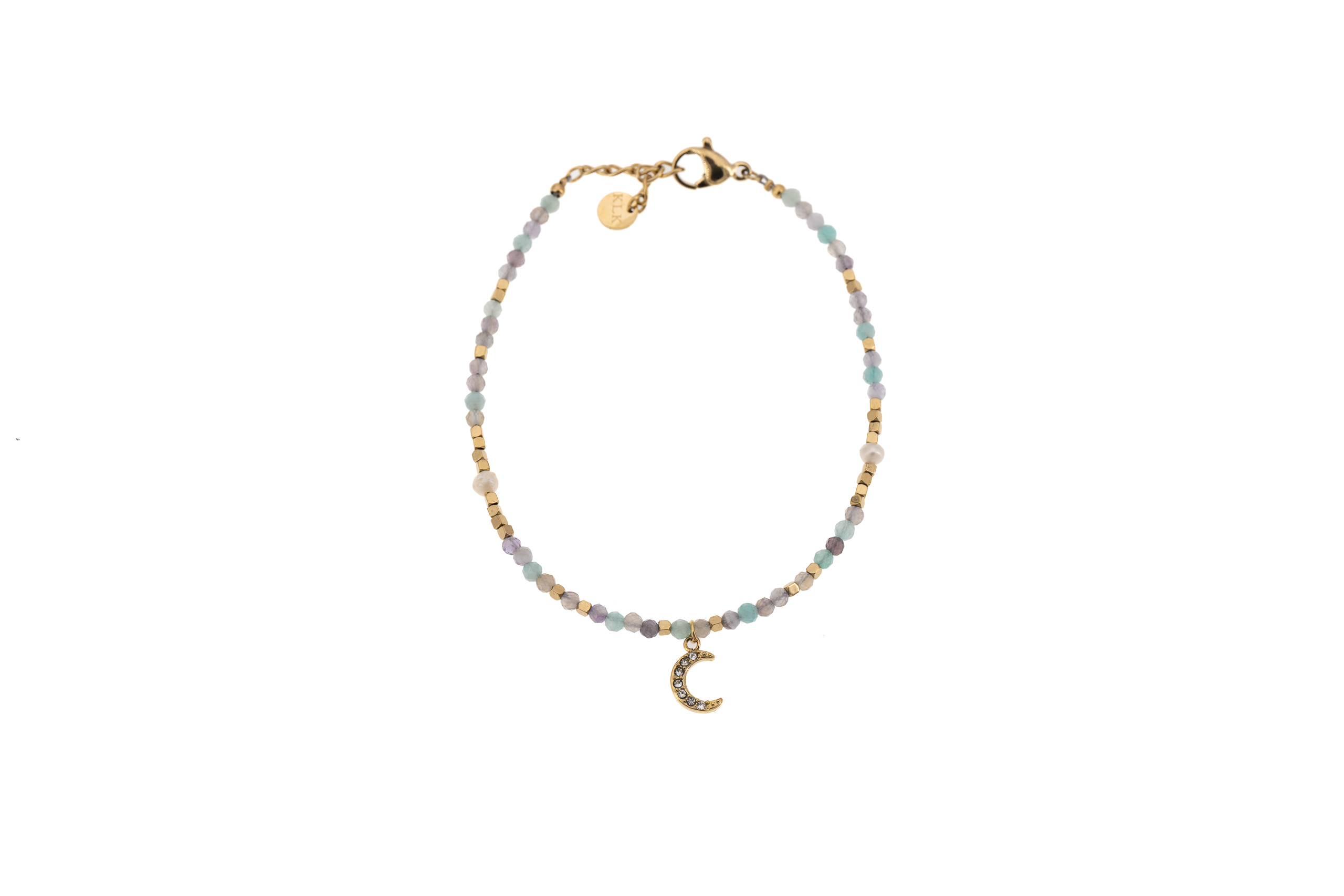 Bracciale acciaio ametista e perla con luna pendente strass