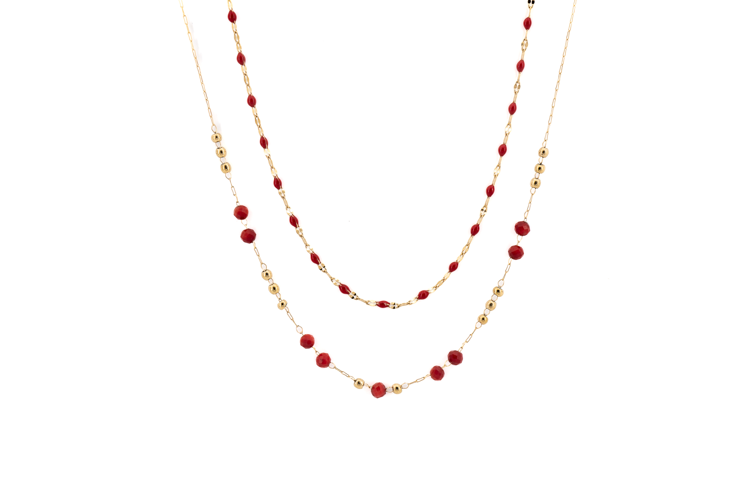 Collana corta due fili acciaio e corallo