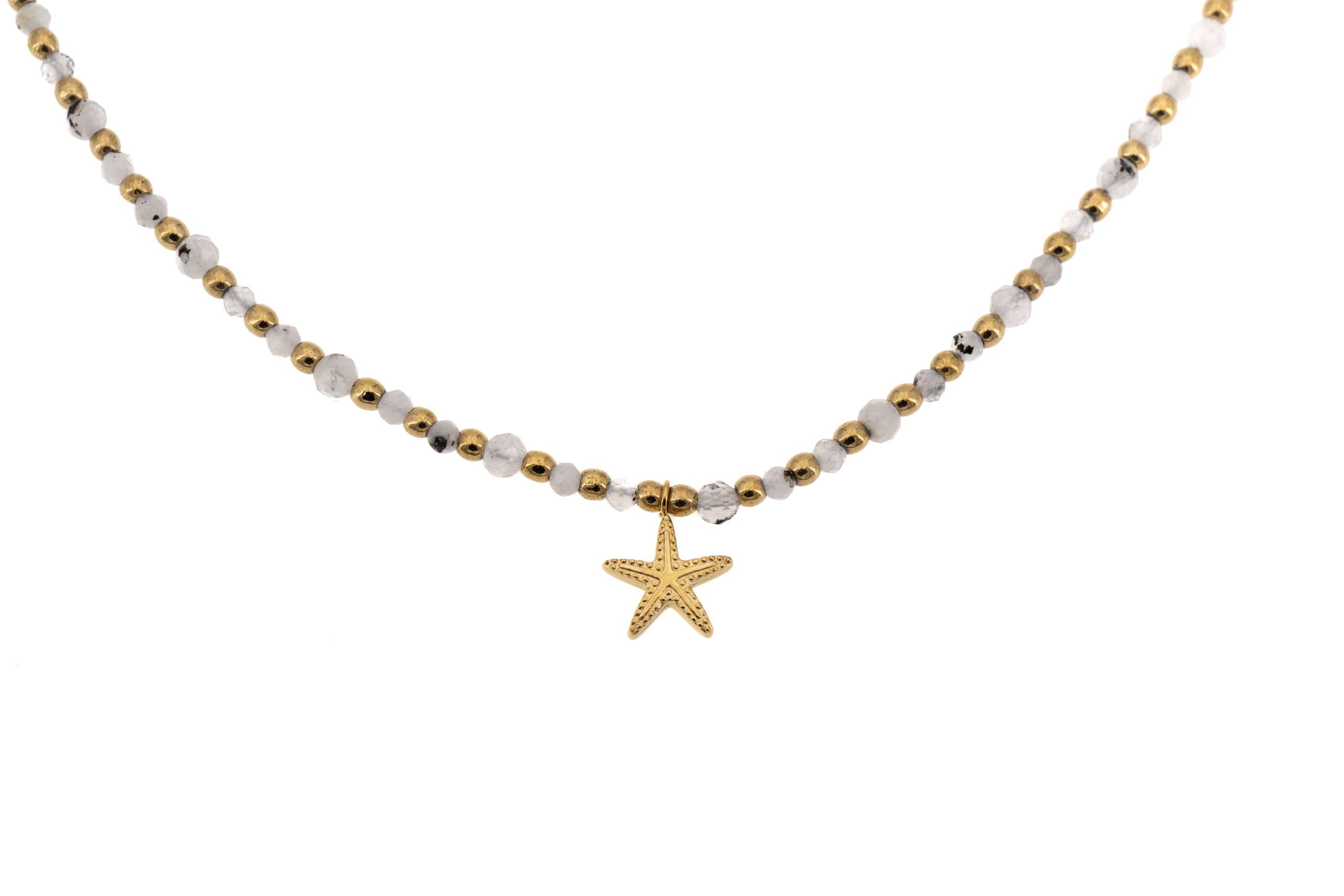 Collana corta multi palline pietra bianca e acciaio con stellina