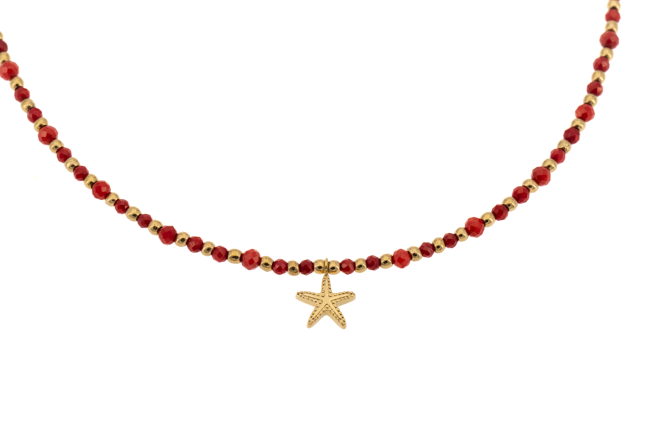 Collana corta multi palline pietra rossa e acciaio con stellina