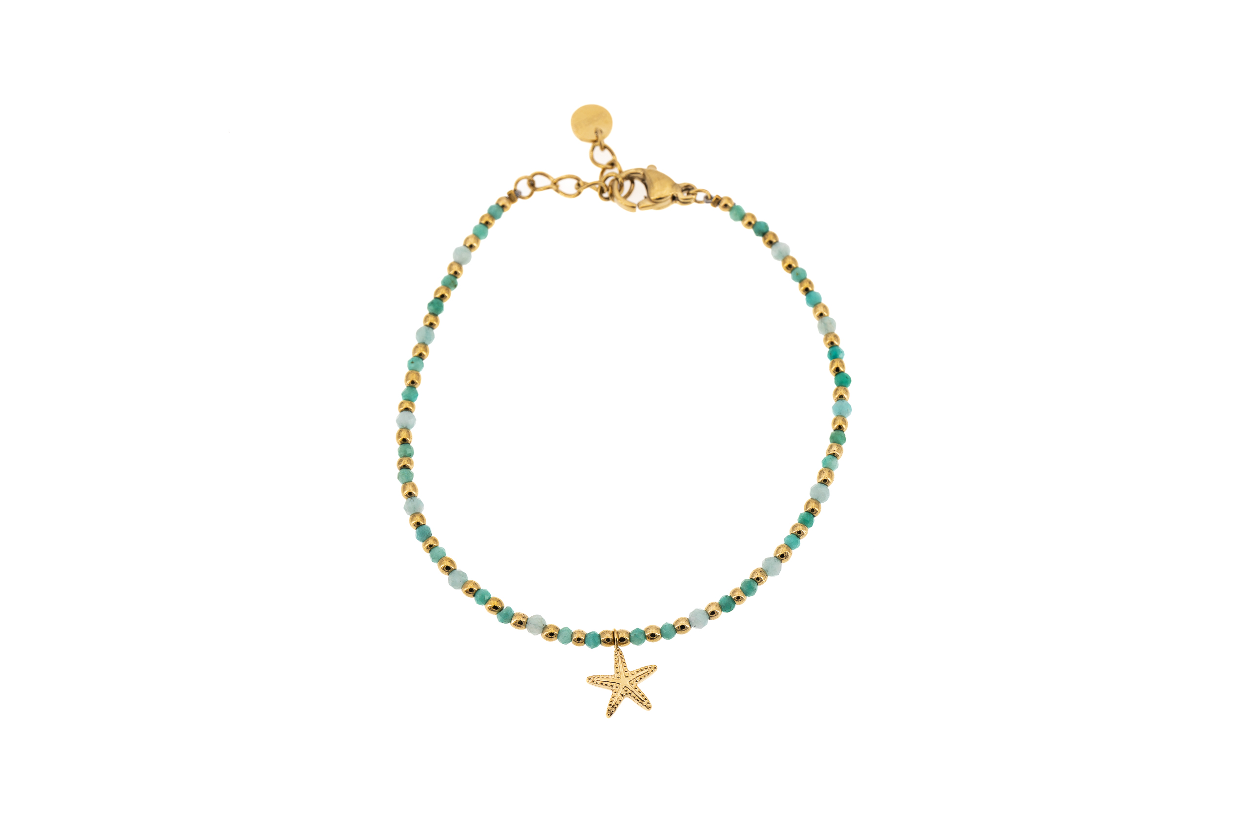 Bracciale multi palline pietra turch.e acciaio con stellina