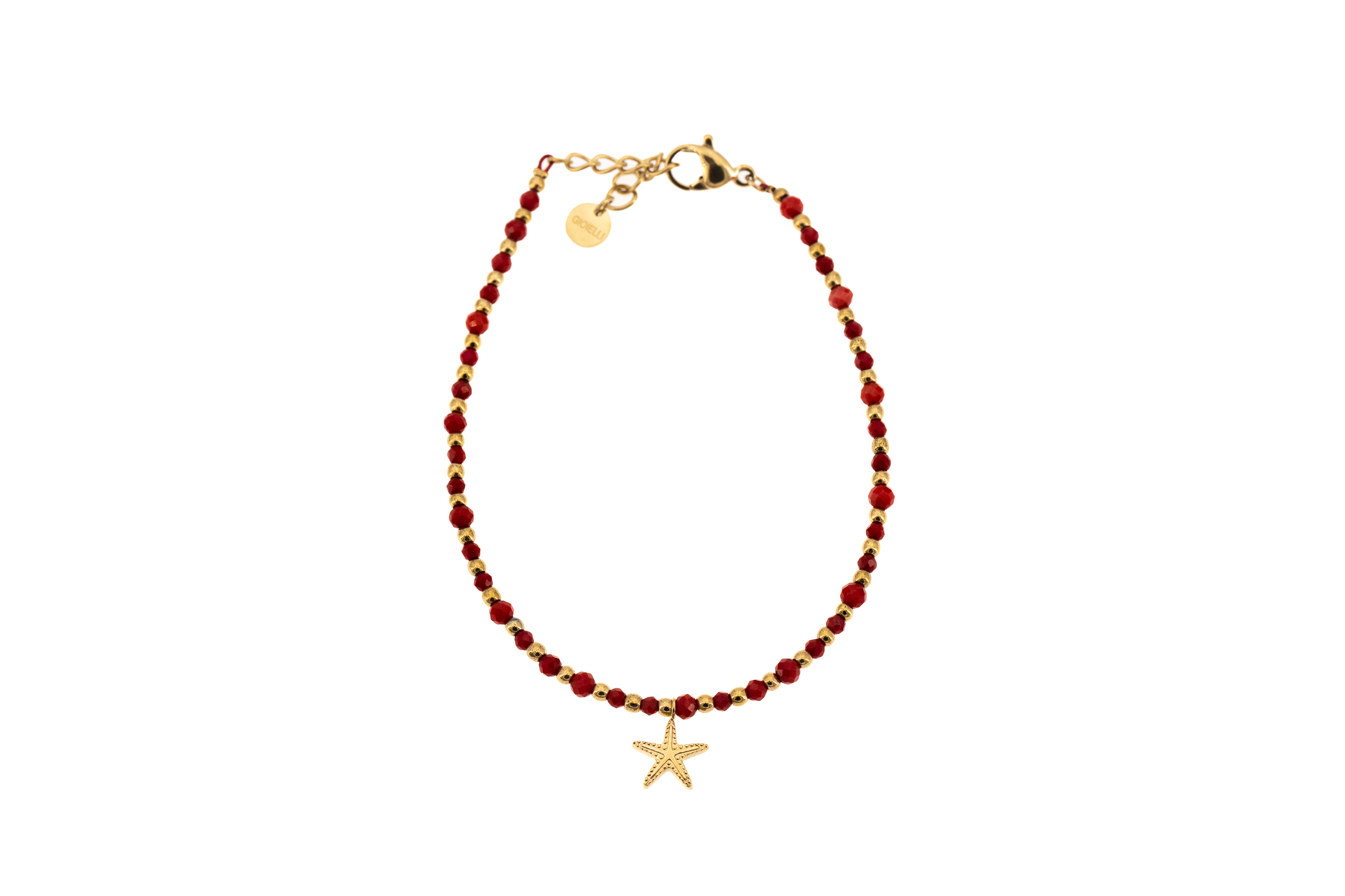 Bracciale multi palline pietra rossa e acciaio con stellina